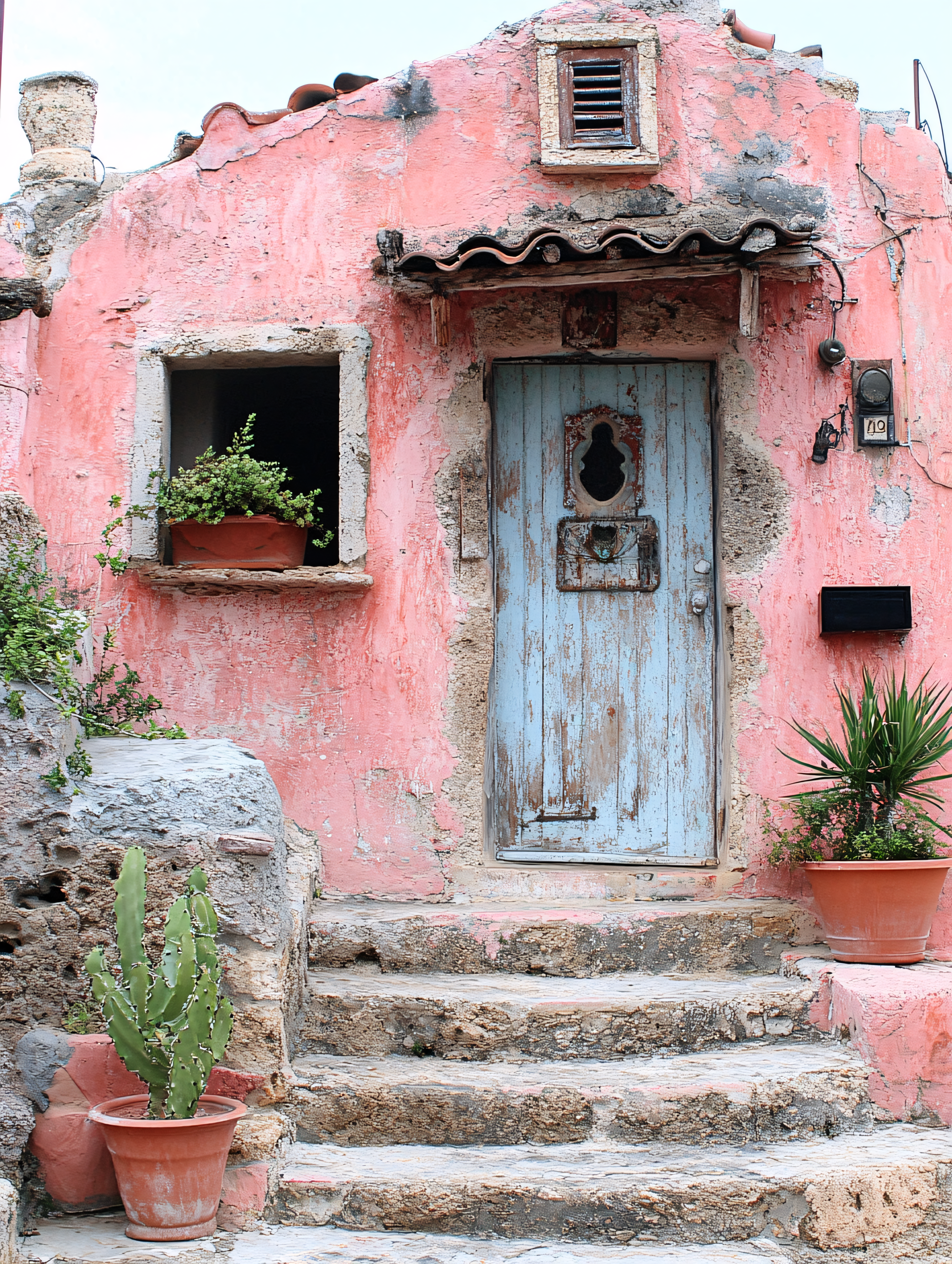 Rustic Pink House with Blue Door