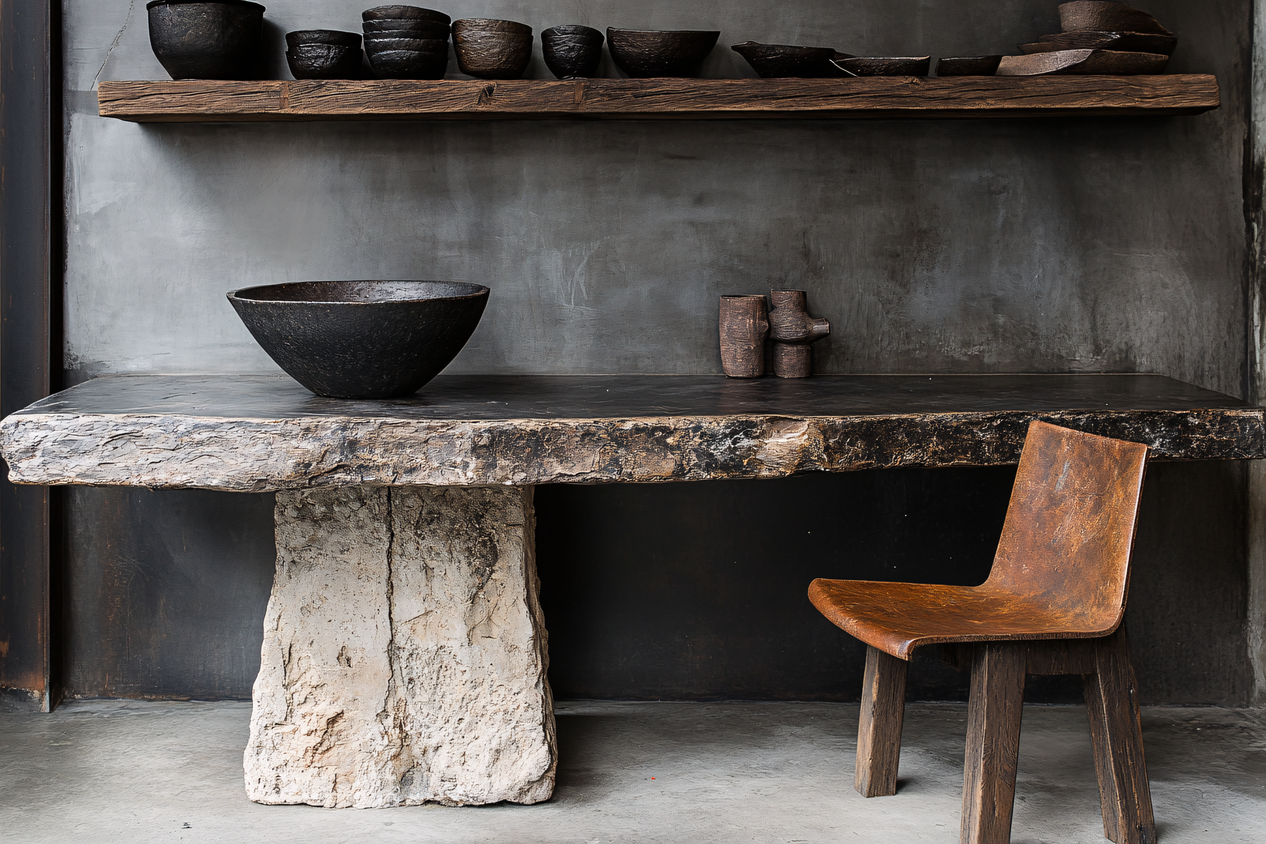 Rustic Stone Table With Handmade Pottery Bowls