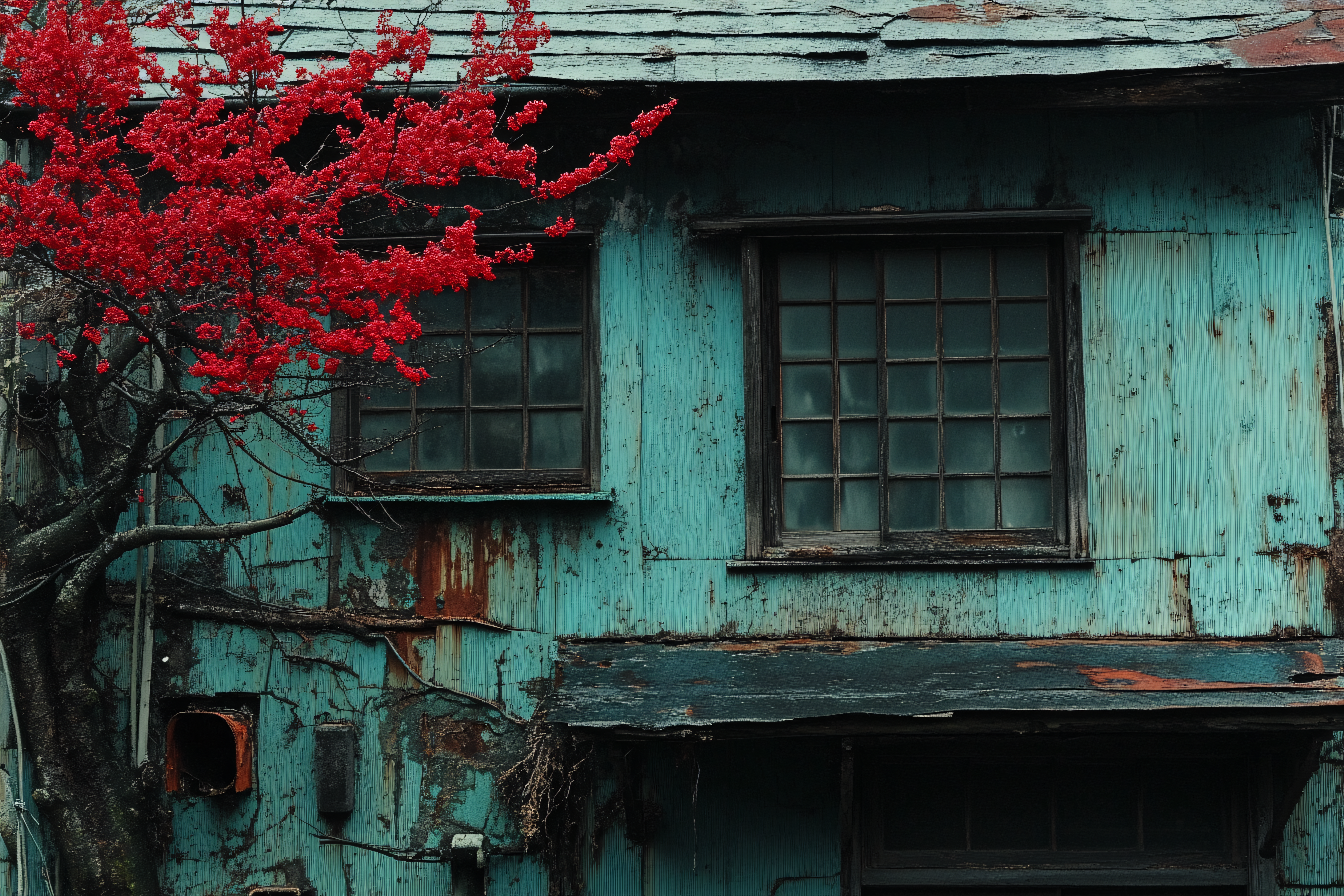 Rustic Teal Building with Red Tree