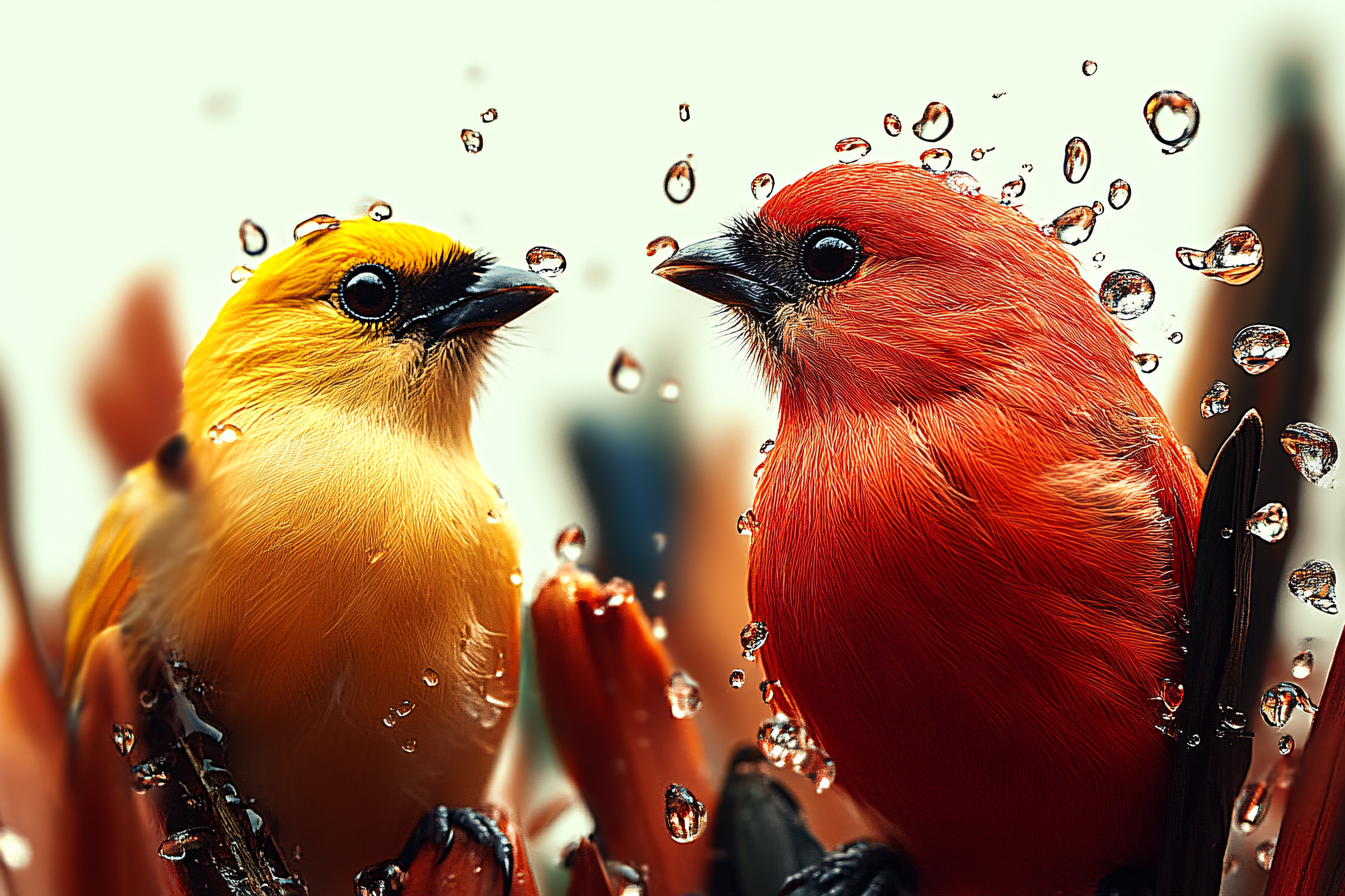 Scarlet and Gold Songbirds in the Rain
