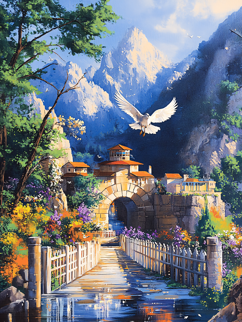 Scenic Bridge with Flying Dove