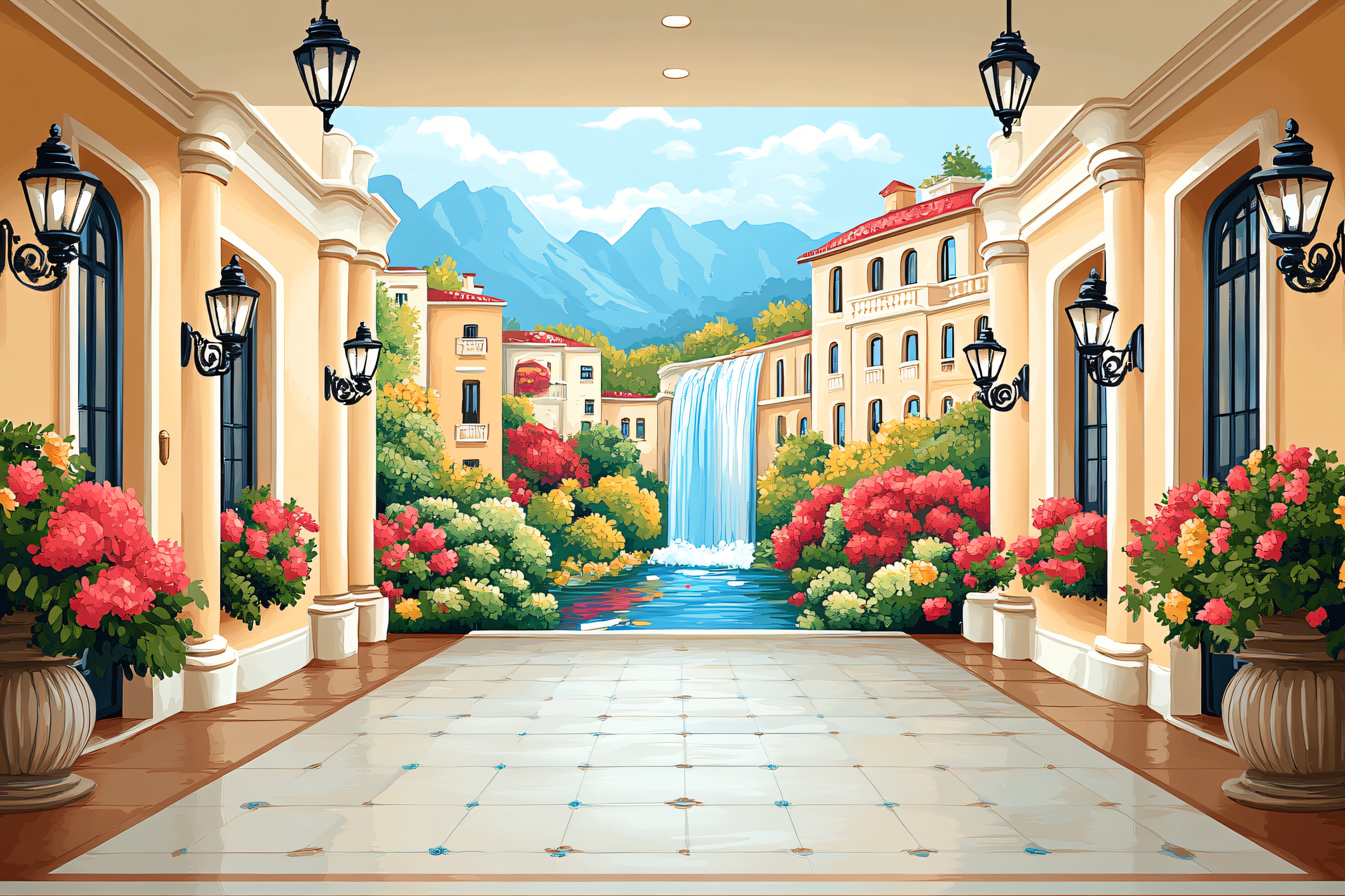 Scenic Courtyard with Waterfall