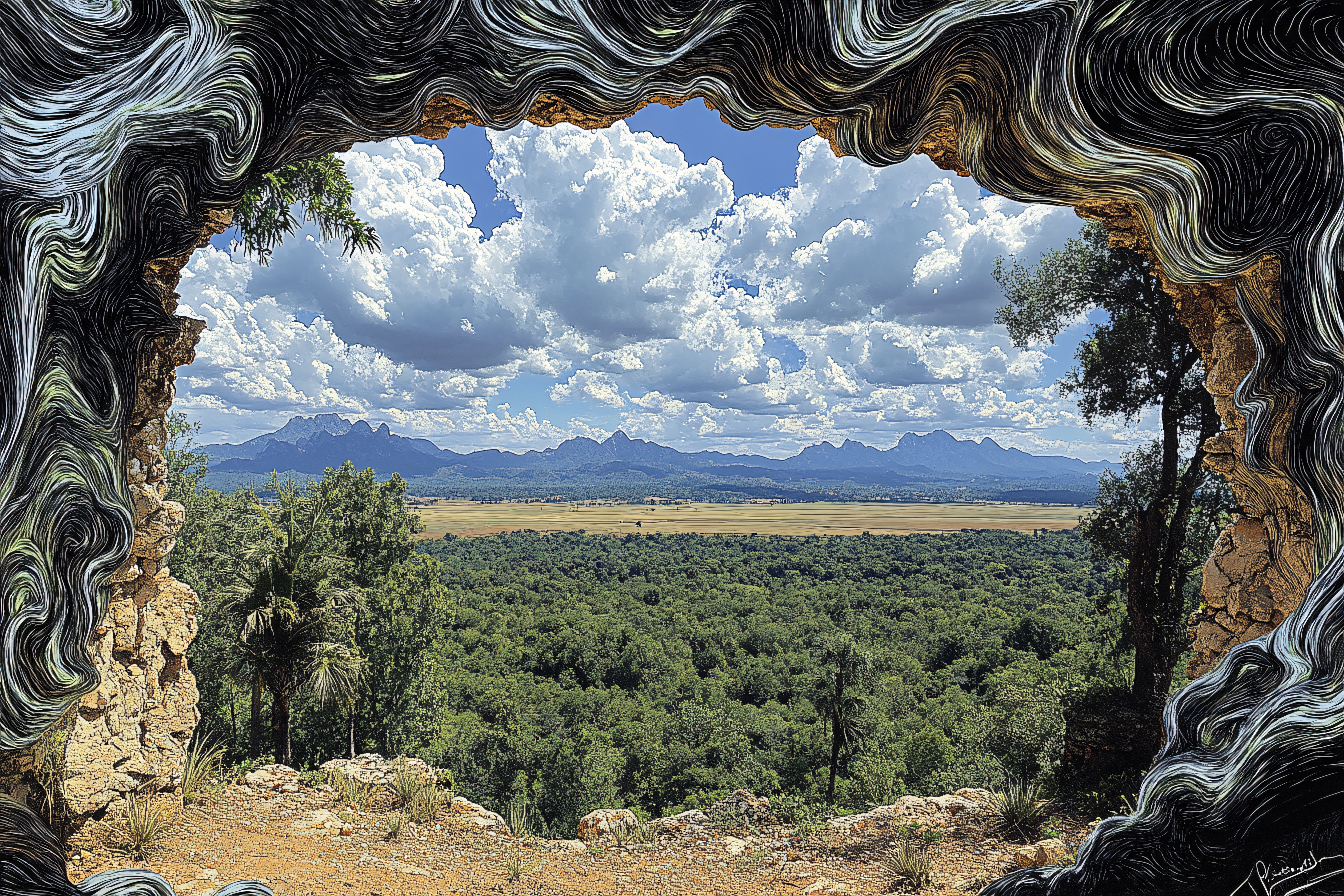 Scenic Mountain Vista Through Stone Arch