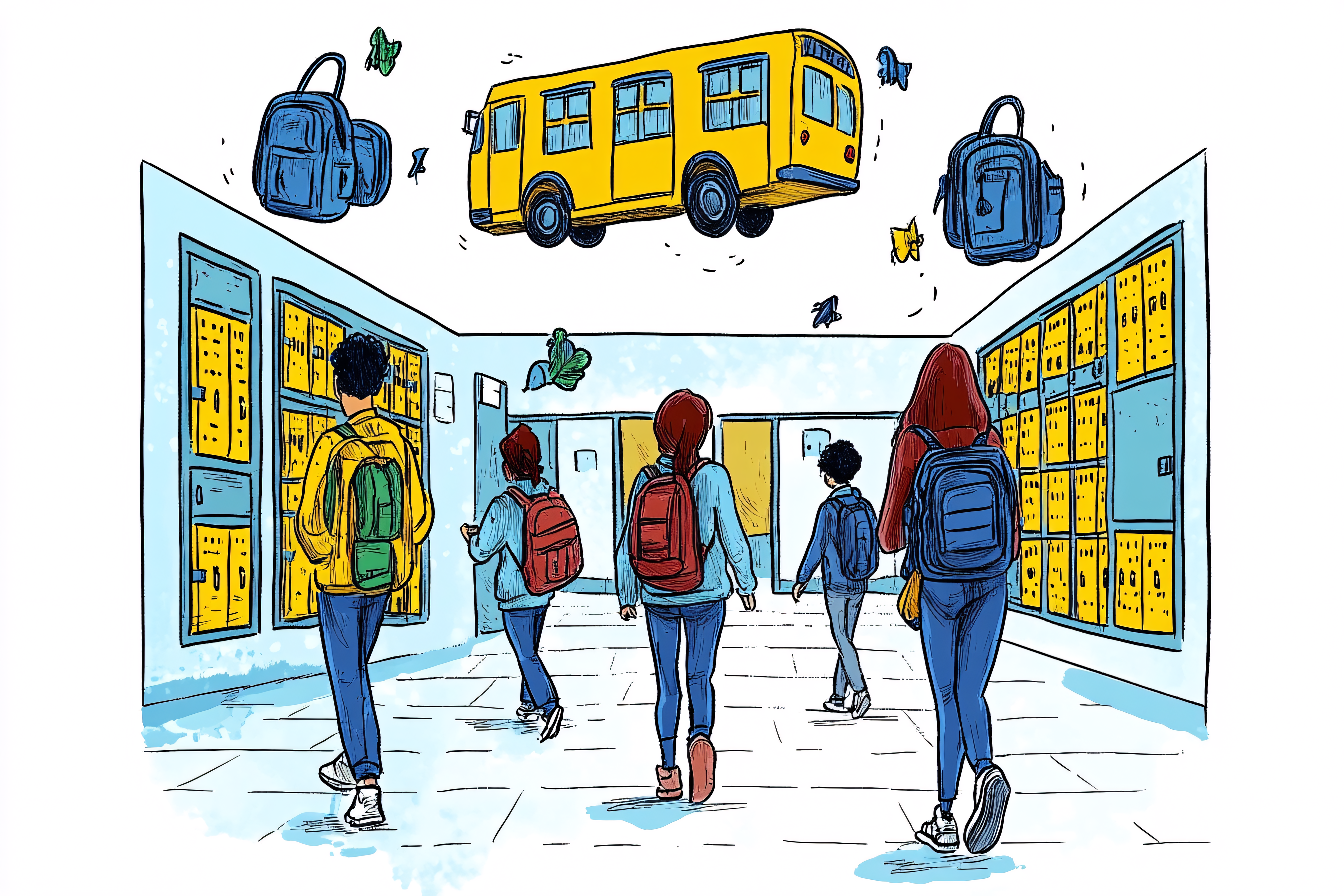 School Hallway with Students and Floating Bus