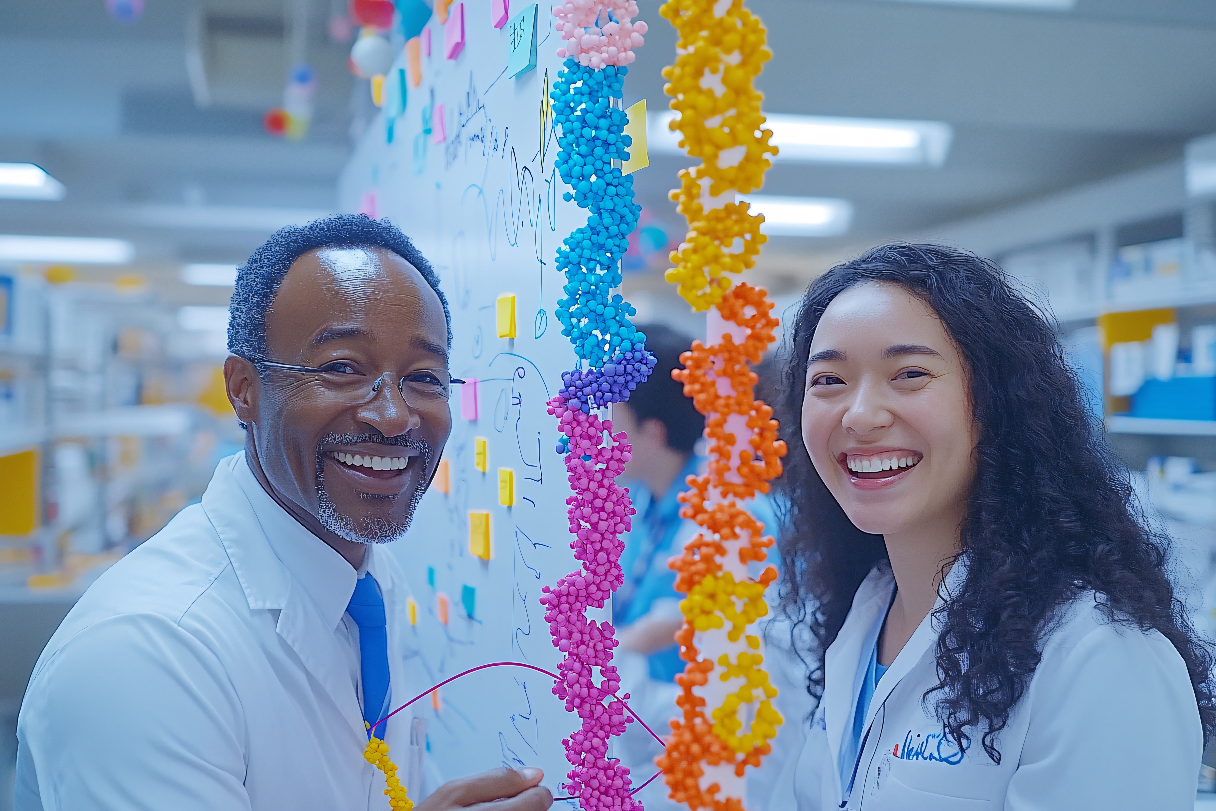 Scientists Joyfully Collaborating on DNA Model