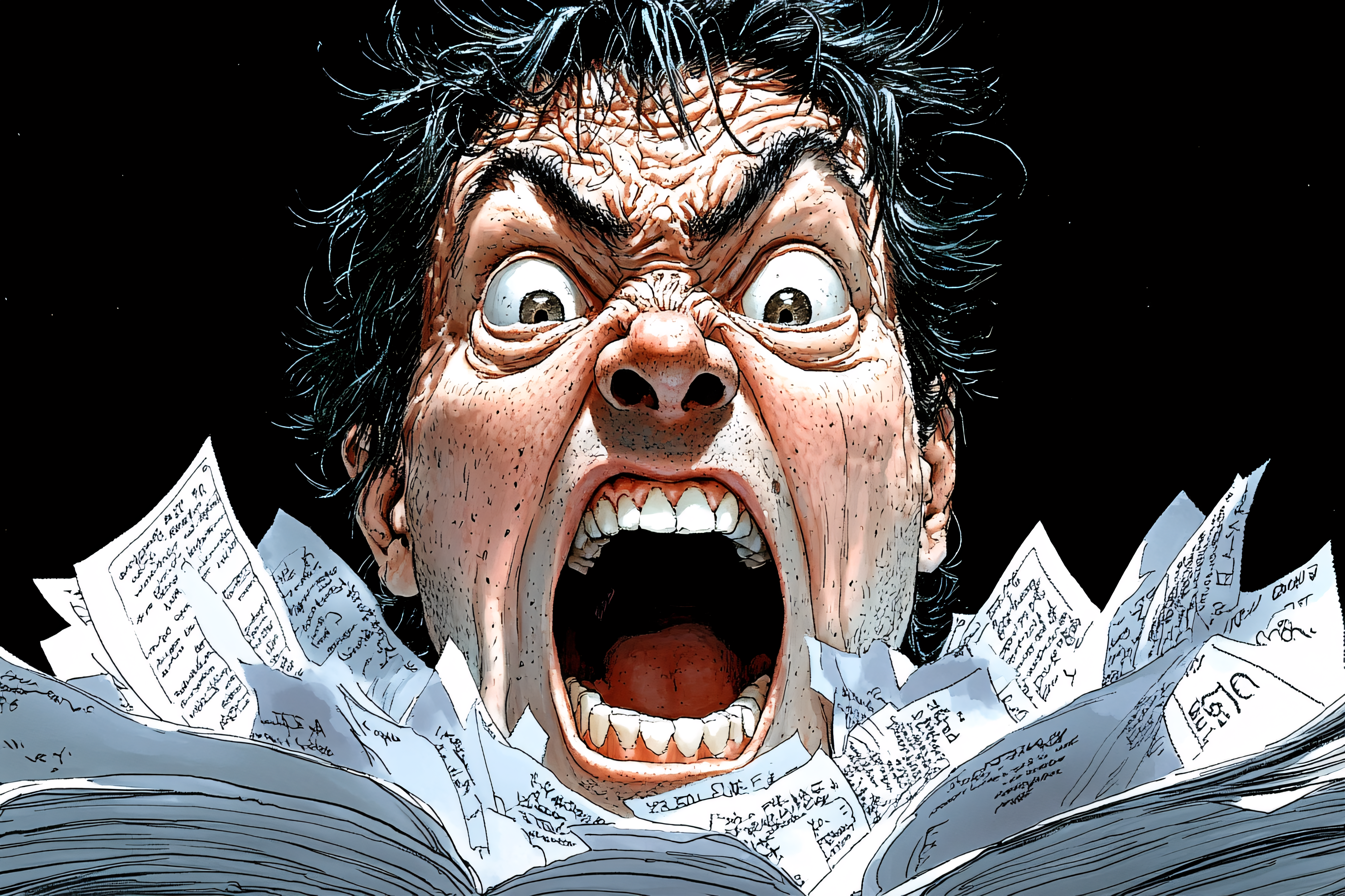 Screaming Man Surrounded by Papers