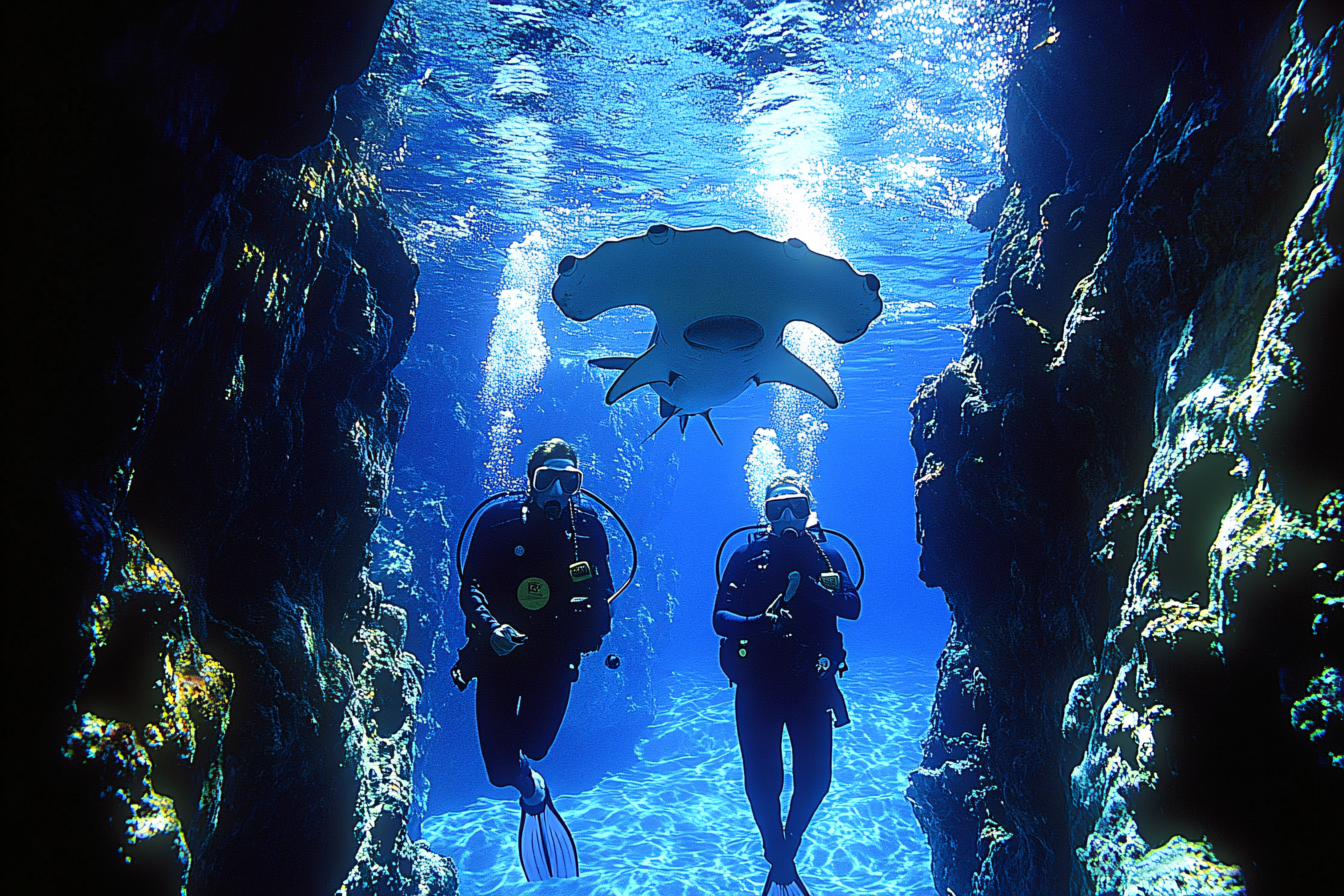 Scuba Divers and Hammerhead Shark