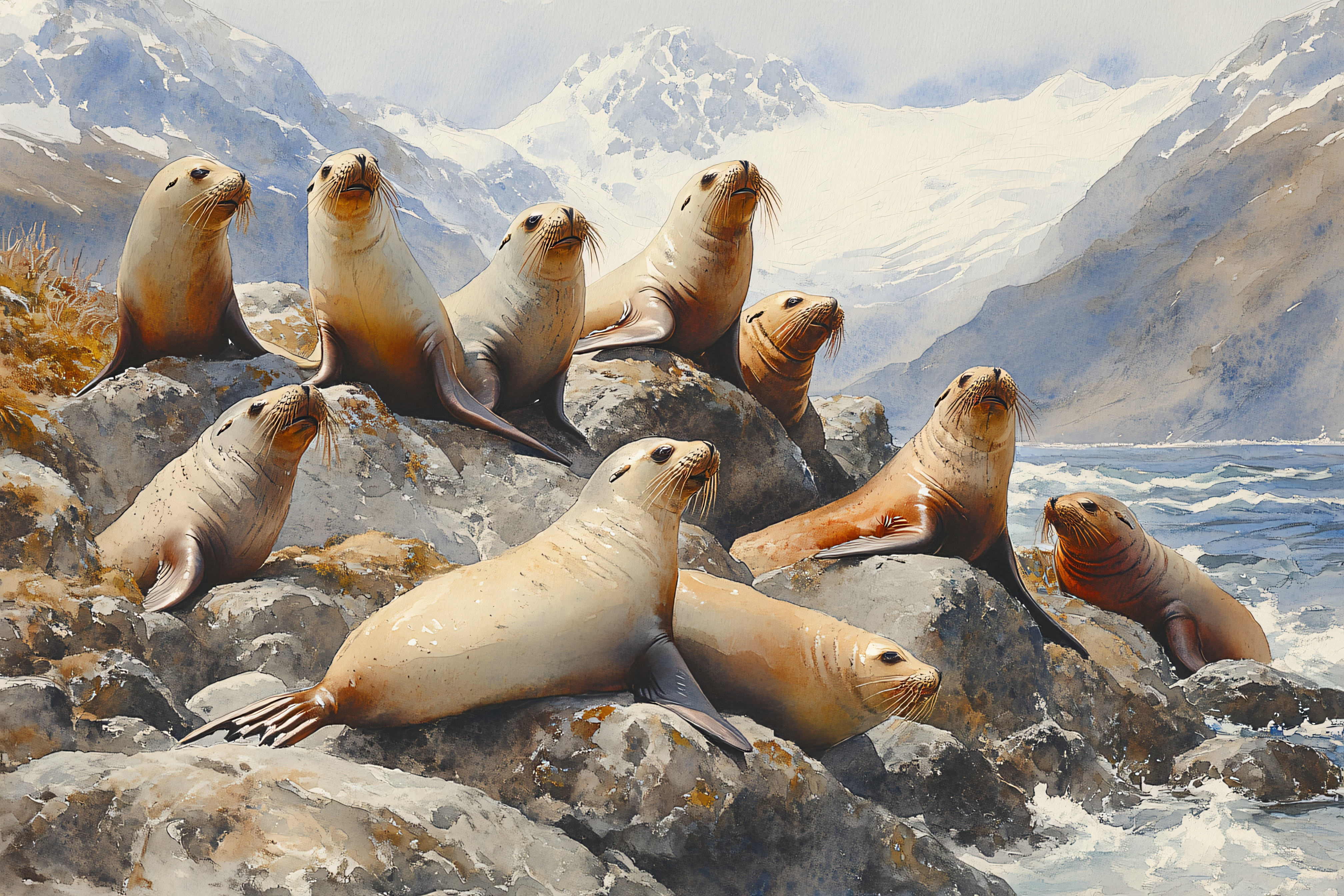 Sea Lions Gathering On Rocky Shore