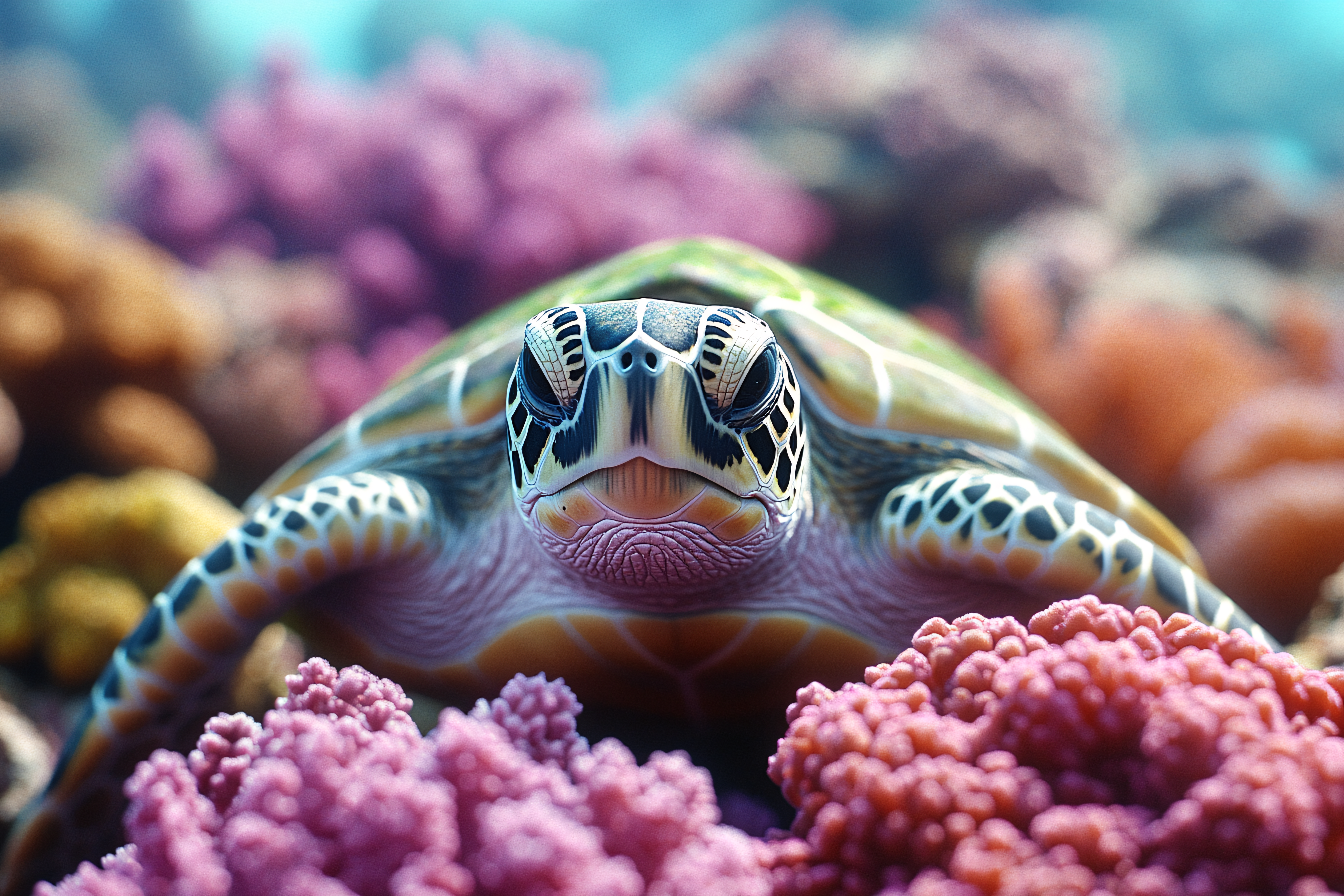 Sea Turtle Among Coral