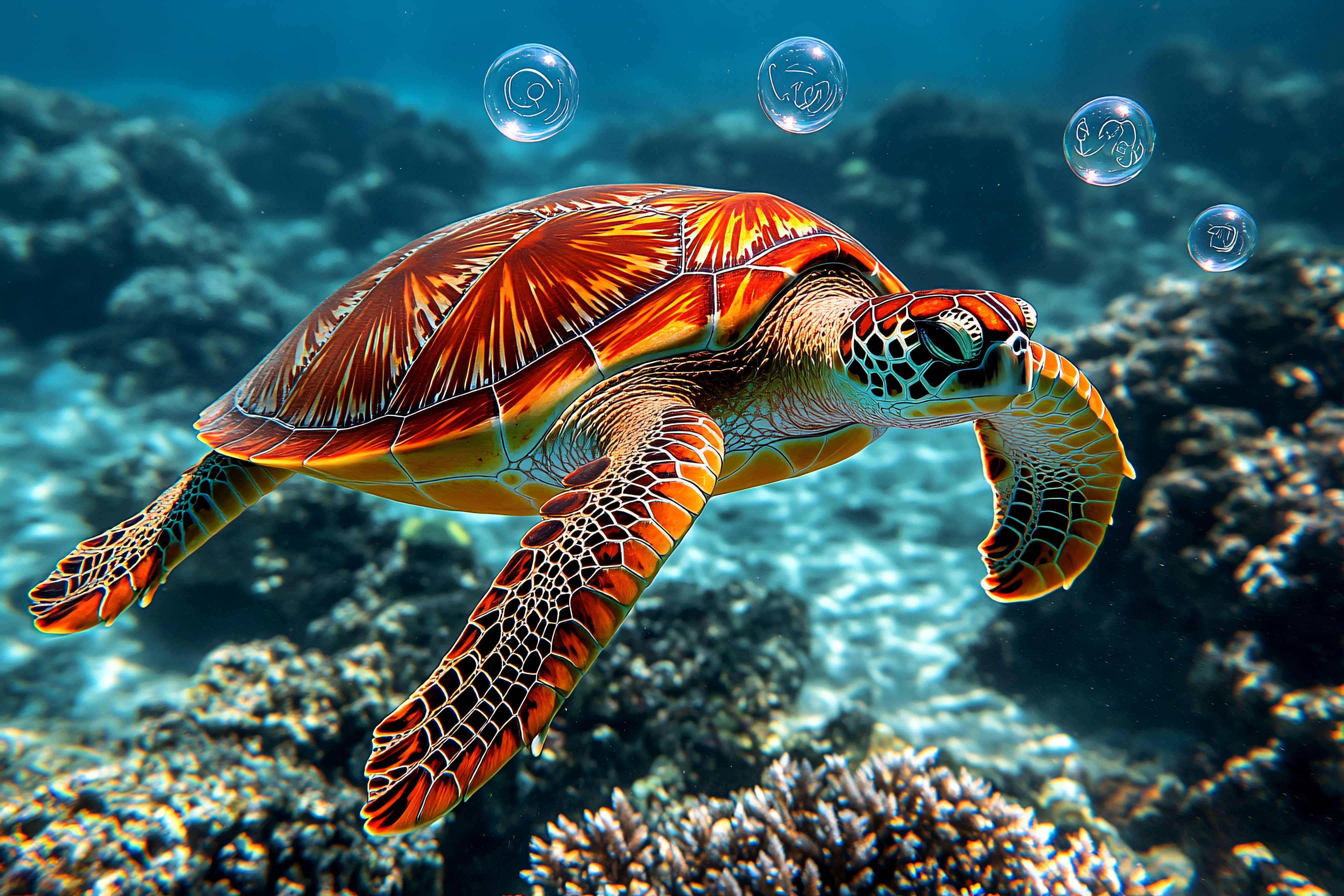 Sea Turtle Swimming in Coral Reef