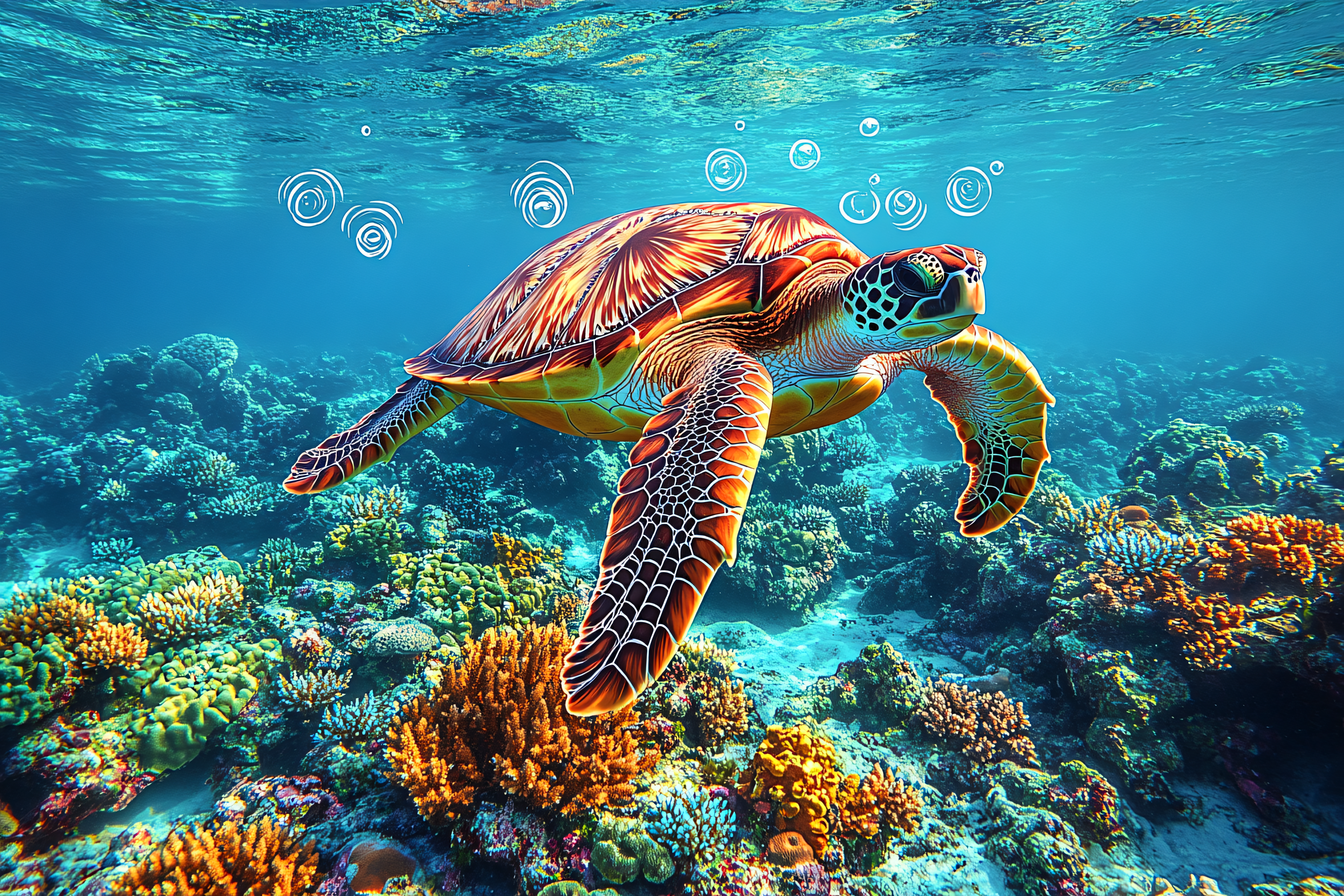 Sea Turtle Swimming In Coral Reef