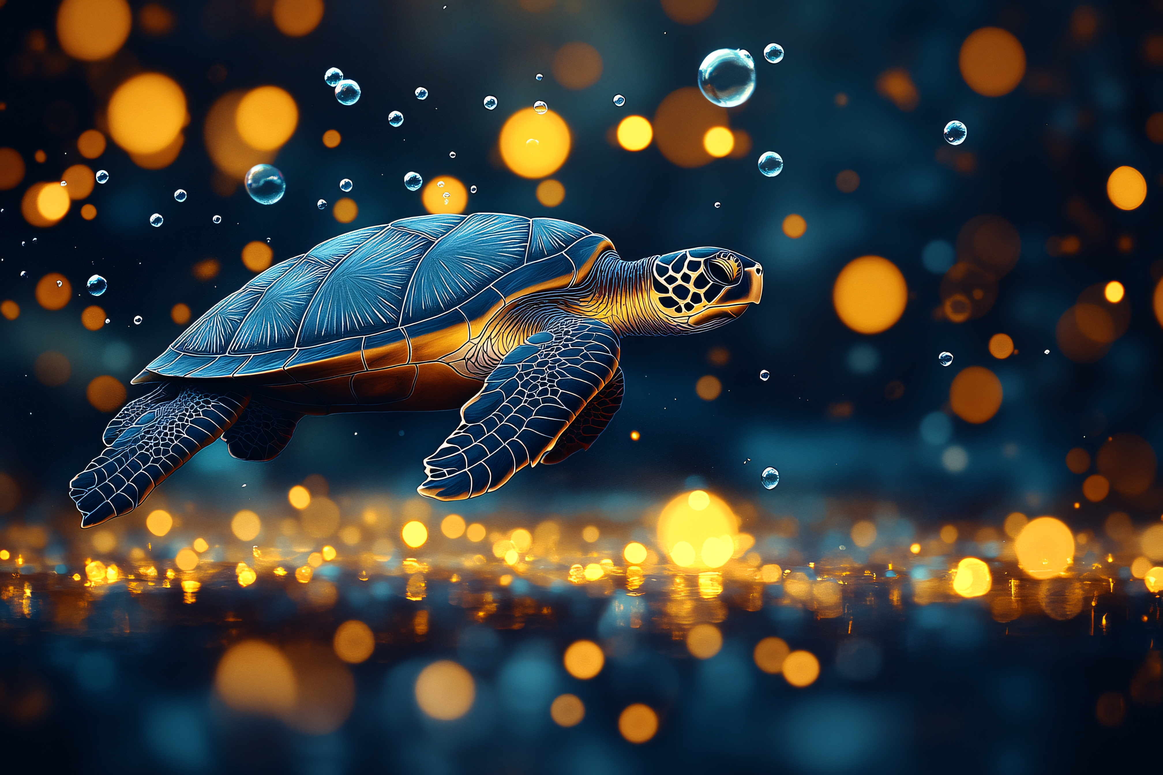 Sea Turtle Swimming in Golden Light