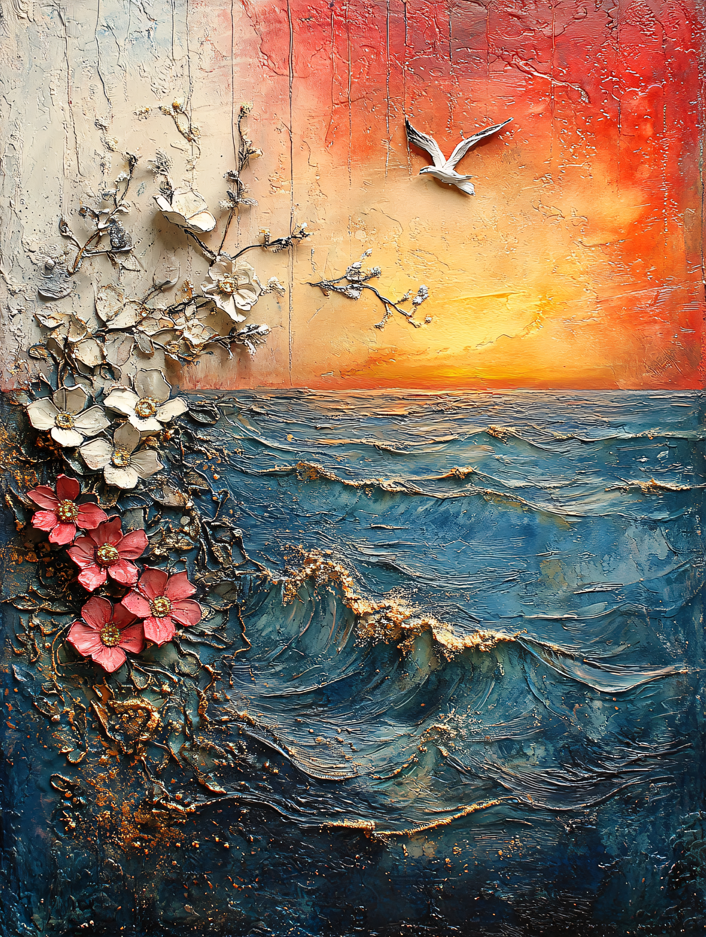 Seagull Flying Over Ocean Waves with Flowers