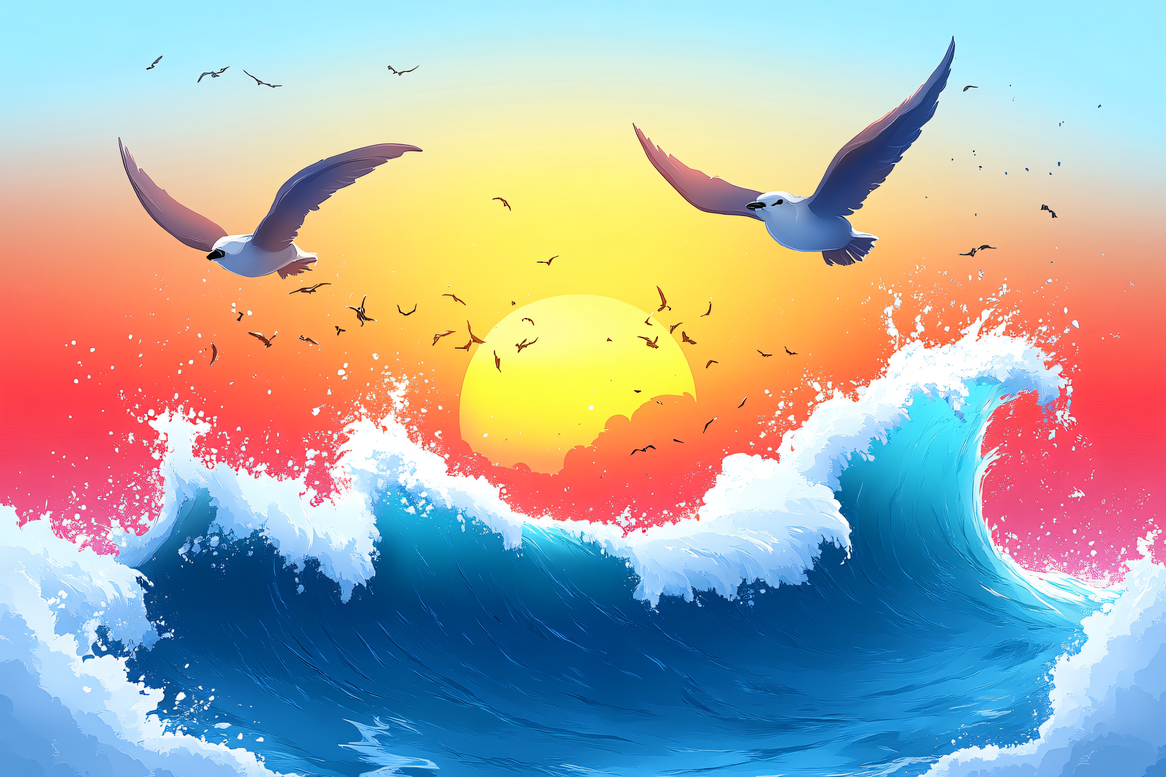 Seagulls Flying Over Ocean Waves At Sunset