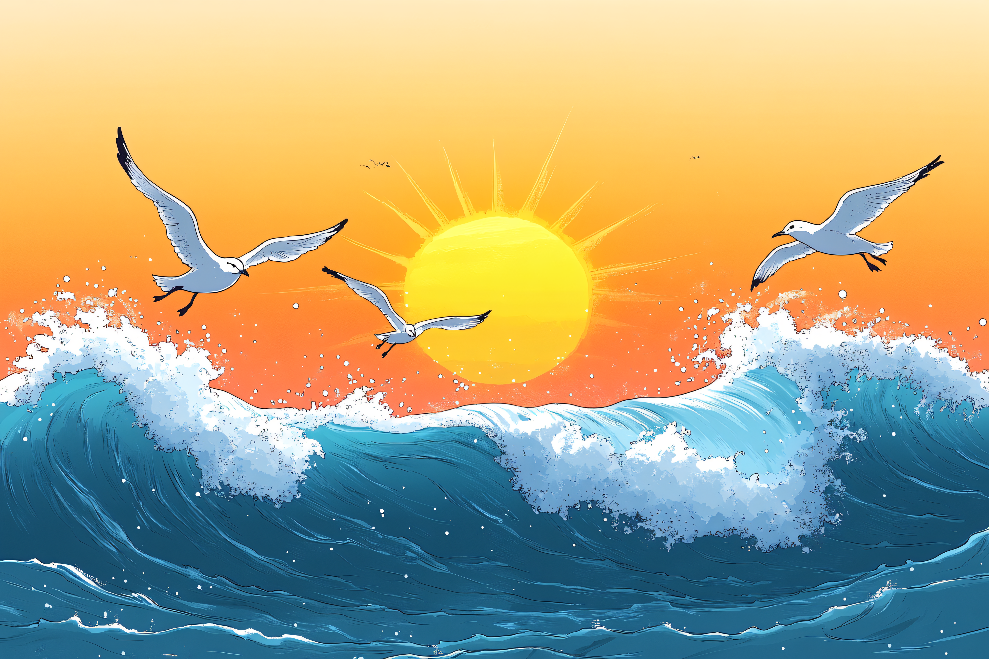 Seagulls Flying Over Wavy Ocean At Sunset