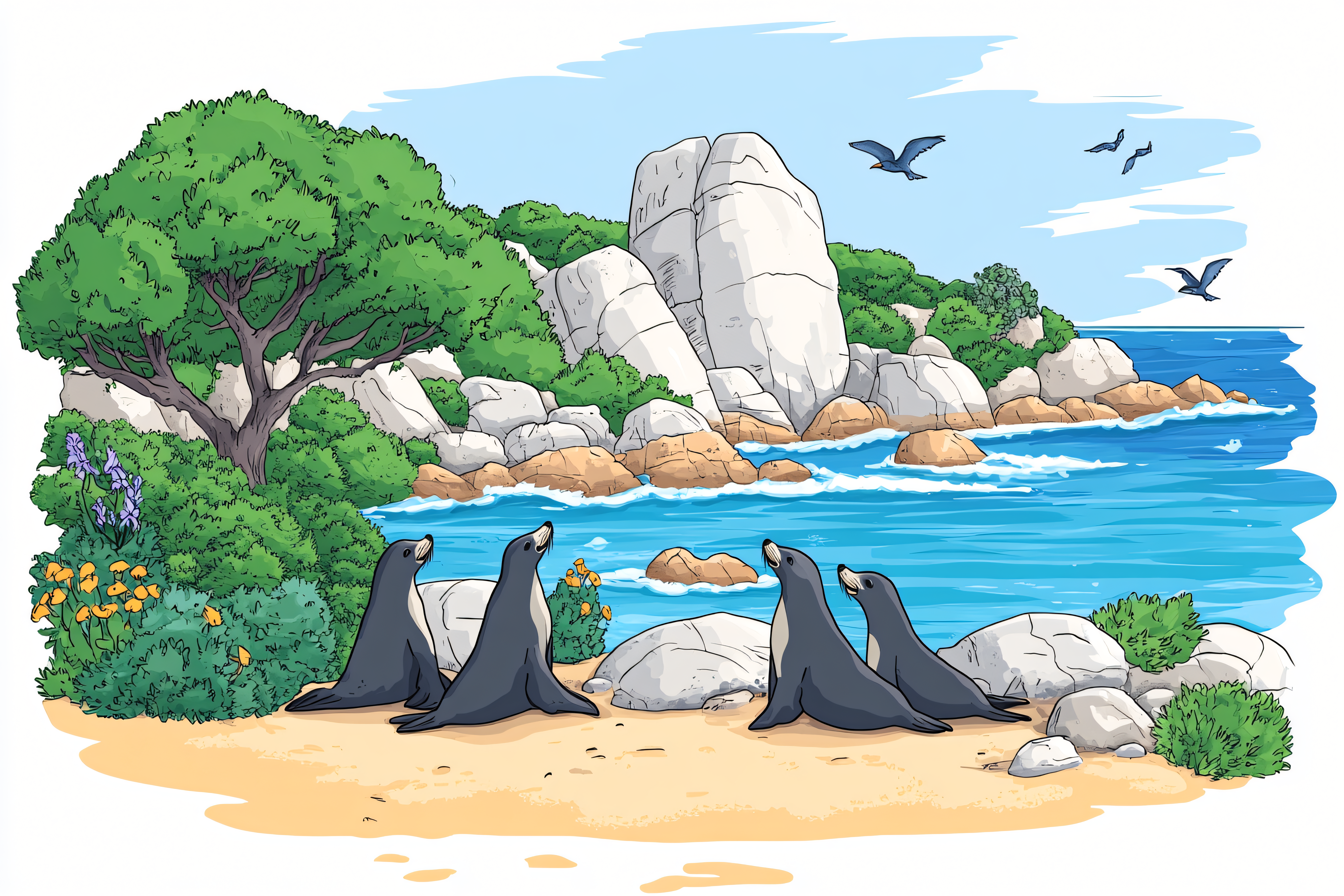 Seals Relaxing on Rocky Beach