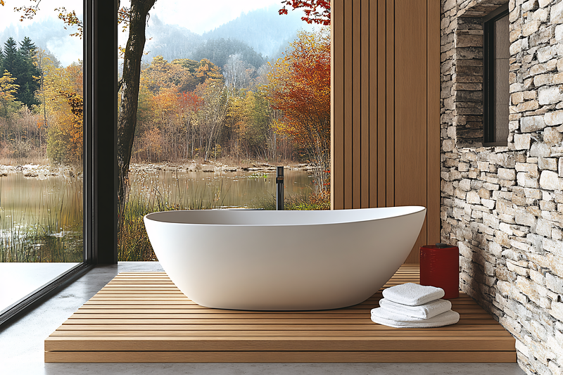 Serene Bathroom with Autumnal Lake View