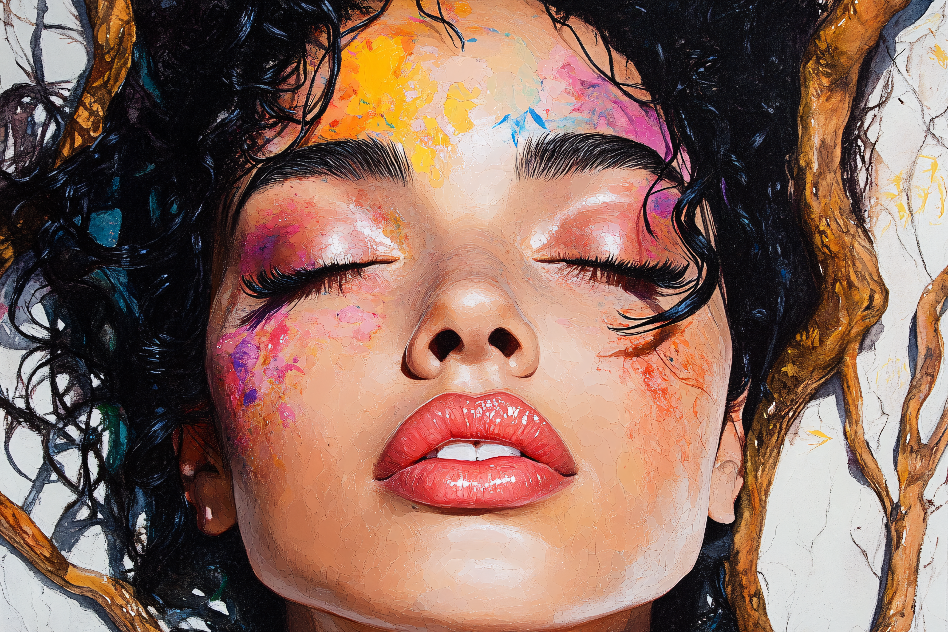 Serene Beauty with Colorful Splatters