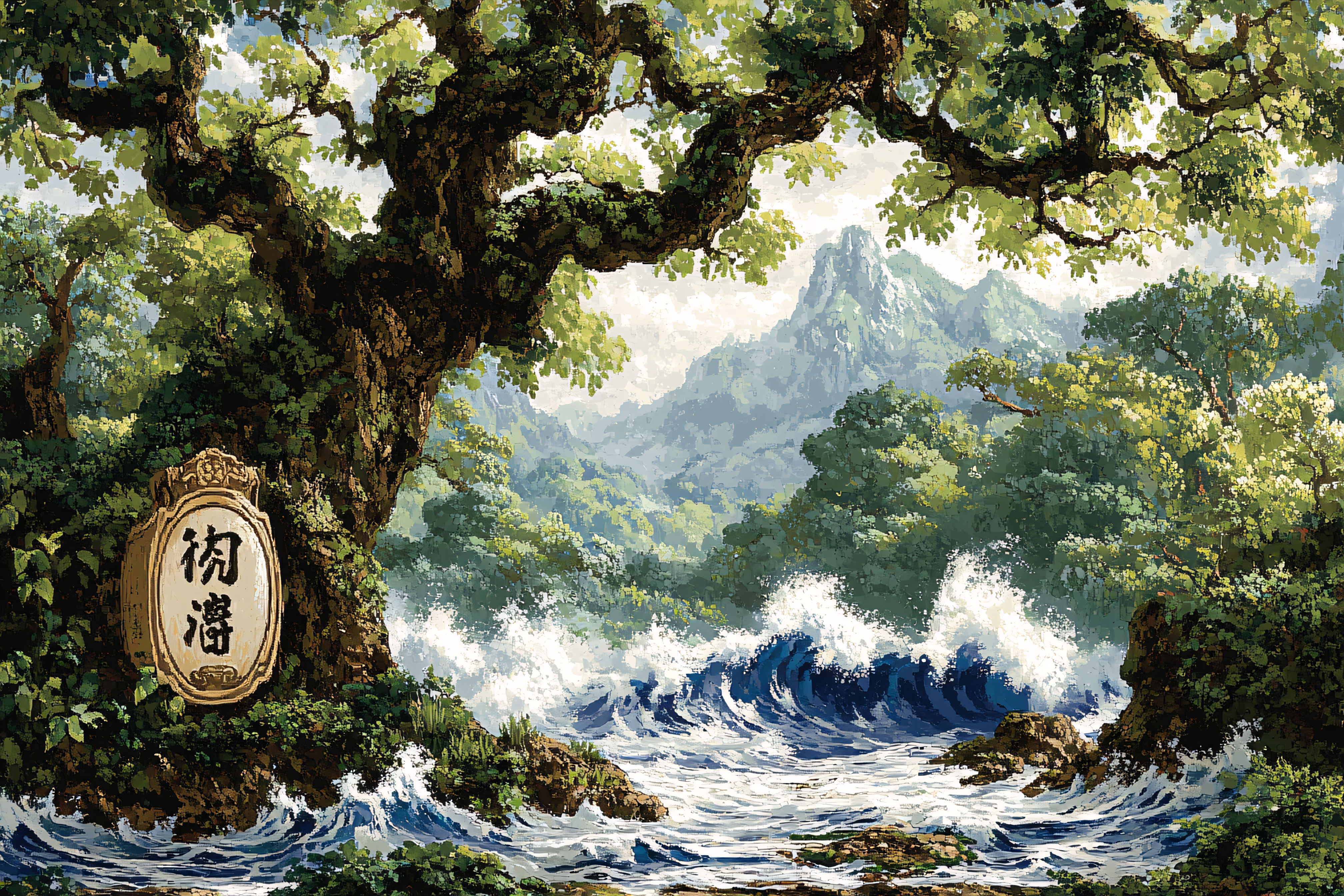 Serene Coastal Landscape with Mountain Backdrop