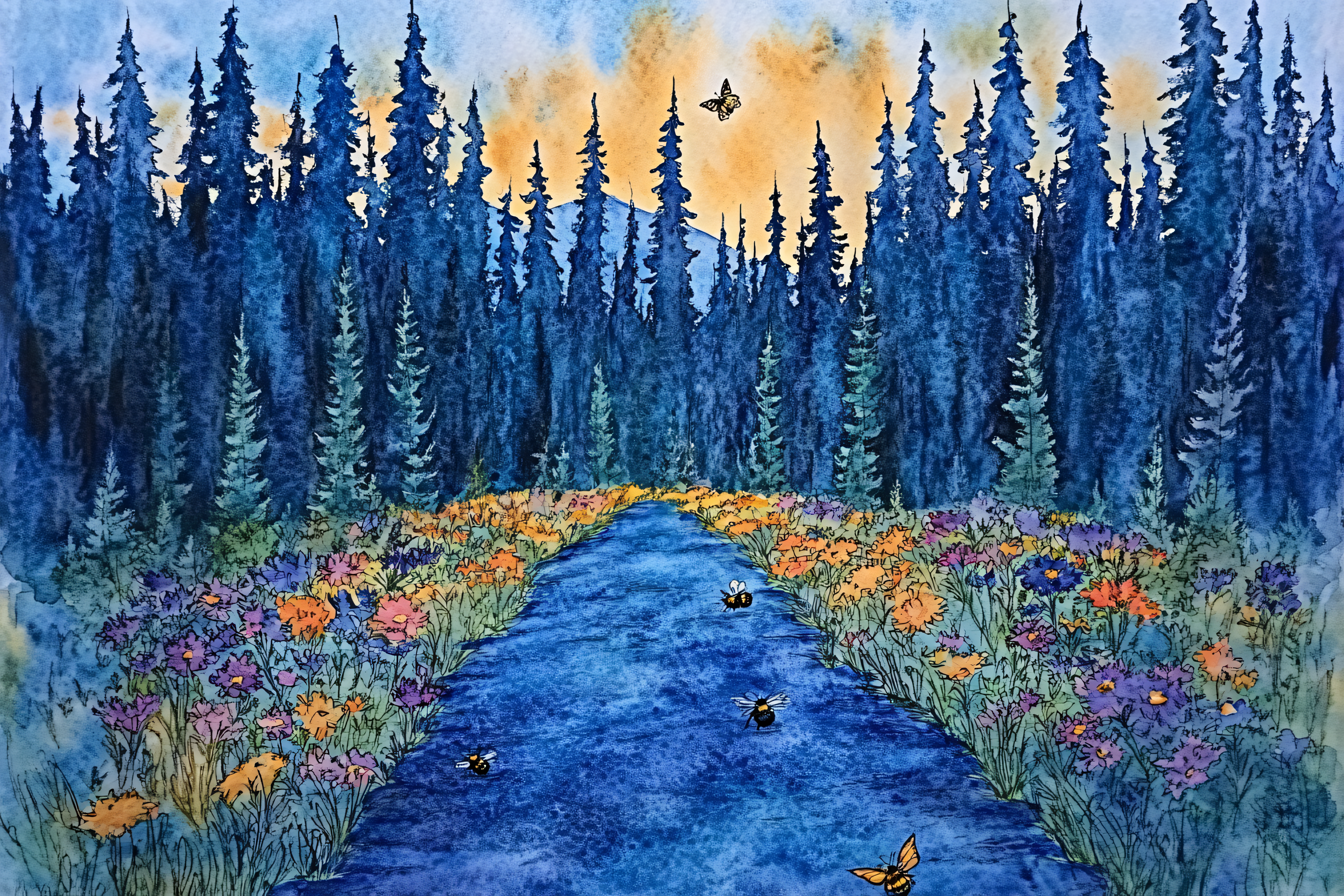 Serene Forest River with Wildflowers