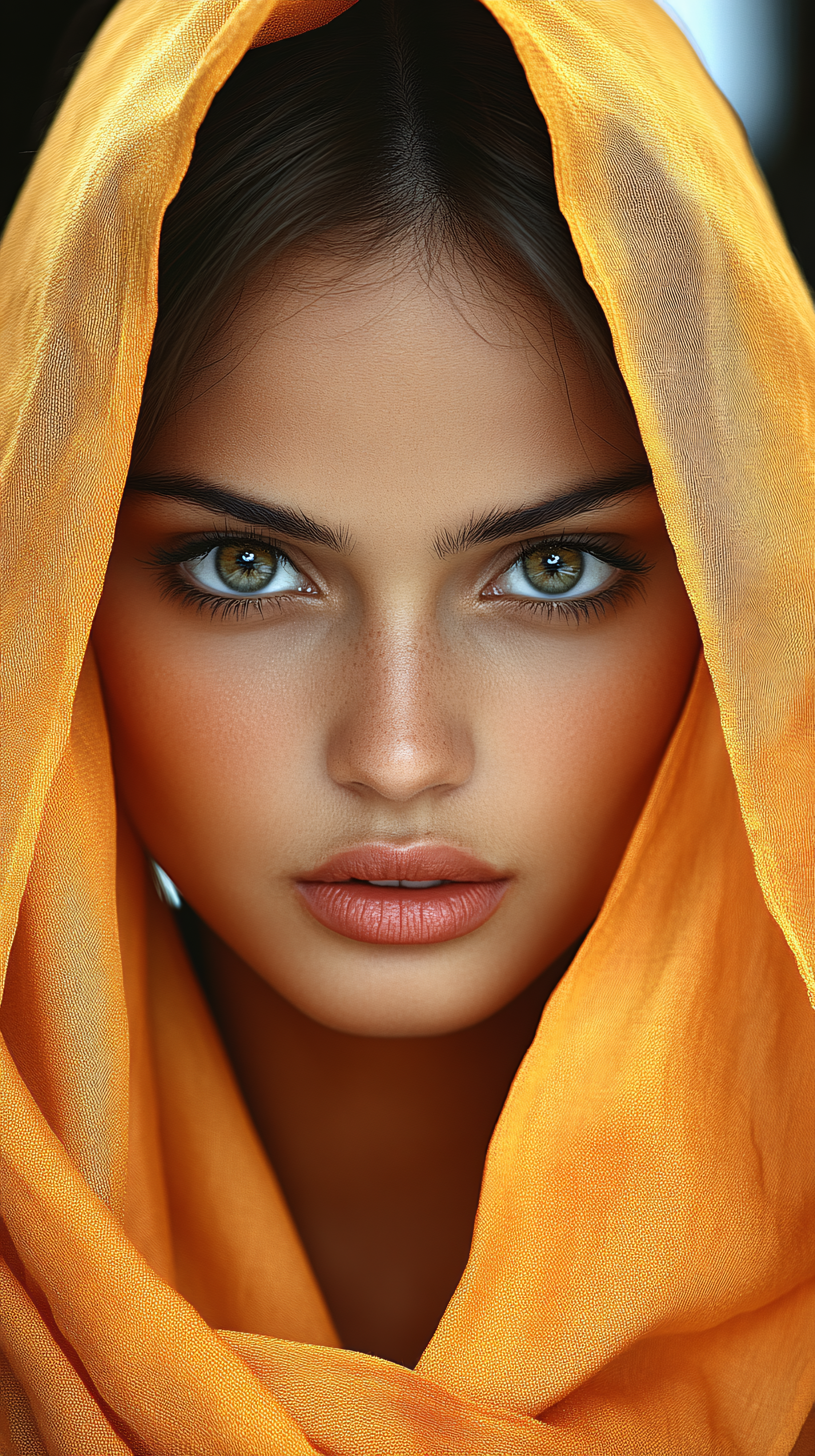 Serene Gaze Under Orange Veil