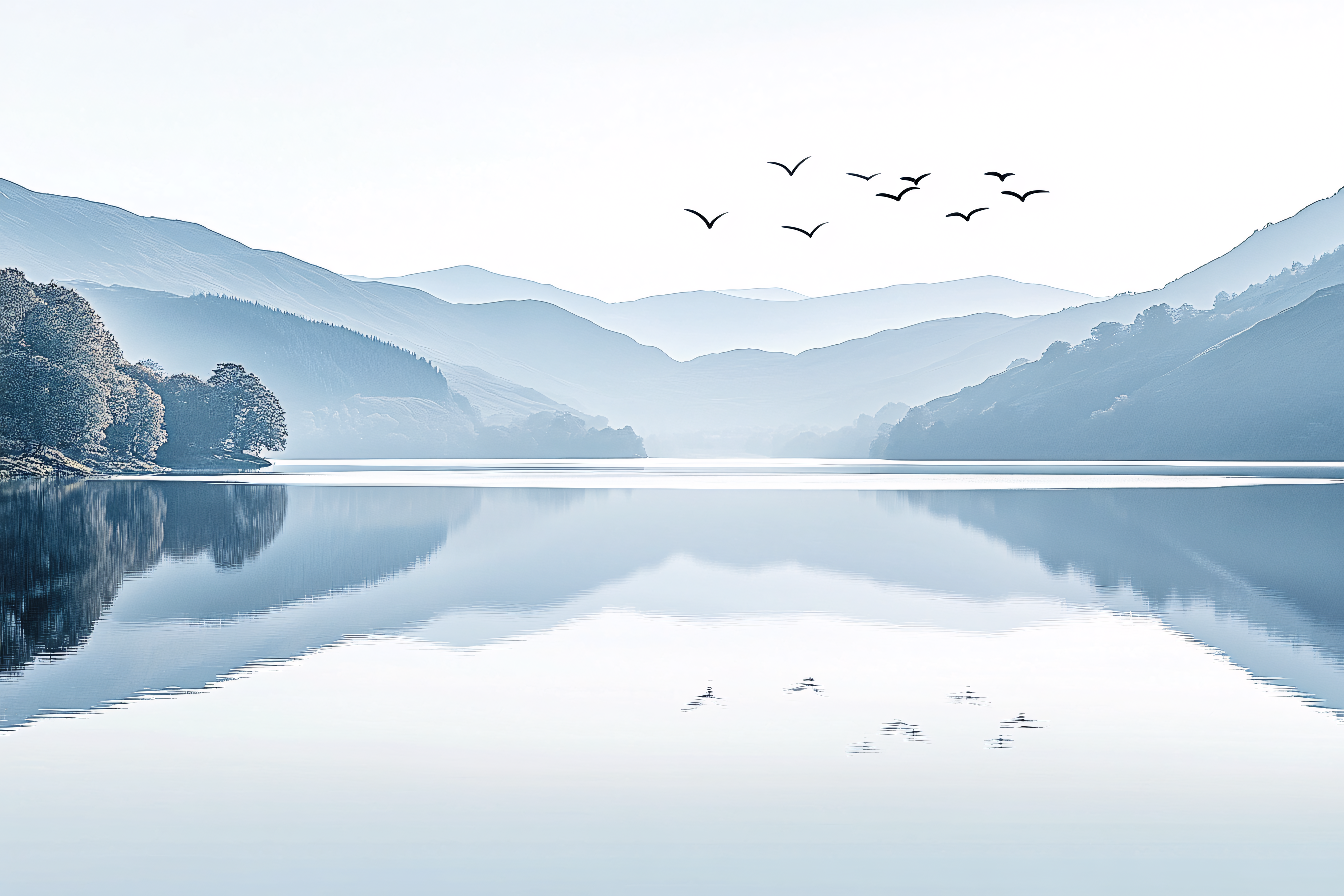 Serene Lake Reflection with Distant Mountains