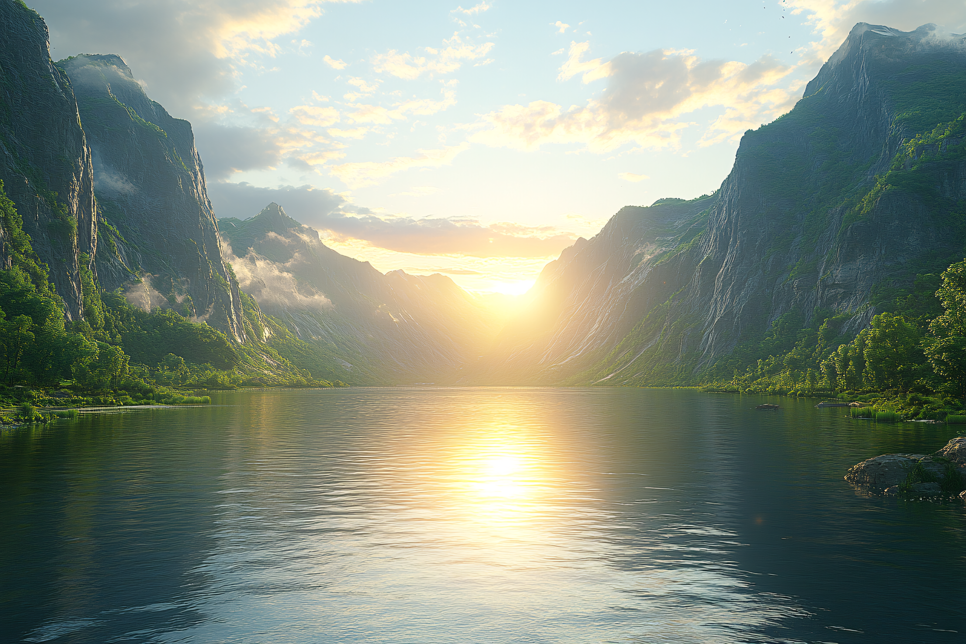 Serene Lake Valley At Sunset