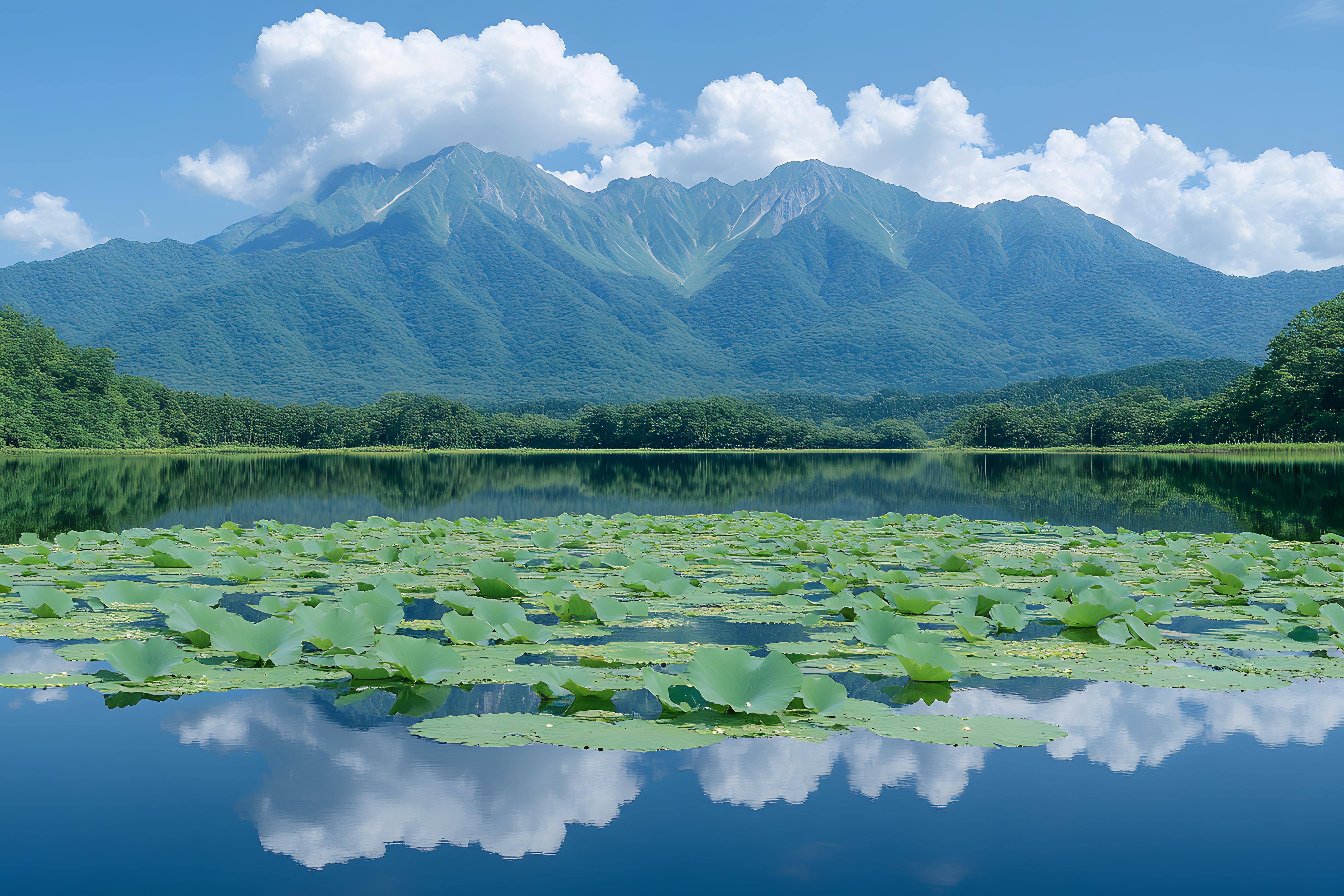 Serene Lake With Lotus Pads And Mountain Backdrop