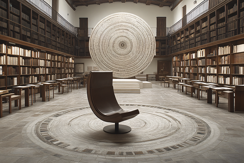 Serene Library Interior with Circular Art Installation and Unique Chair