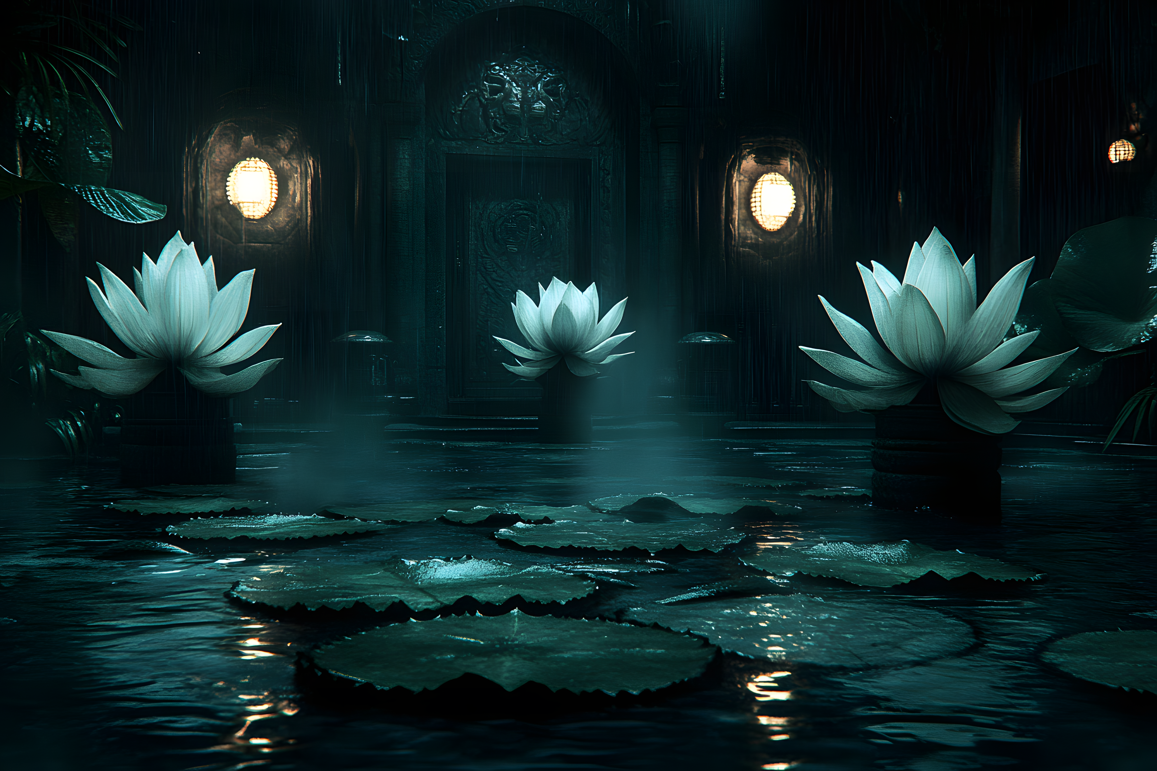 Serene Lotus Pond at Night