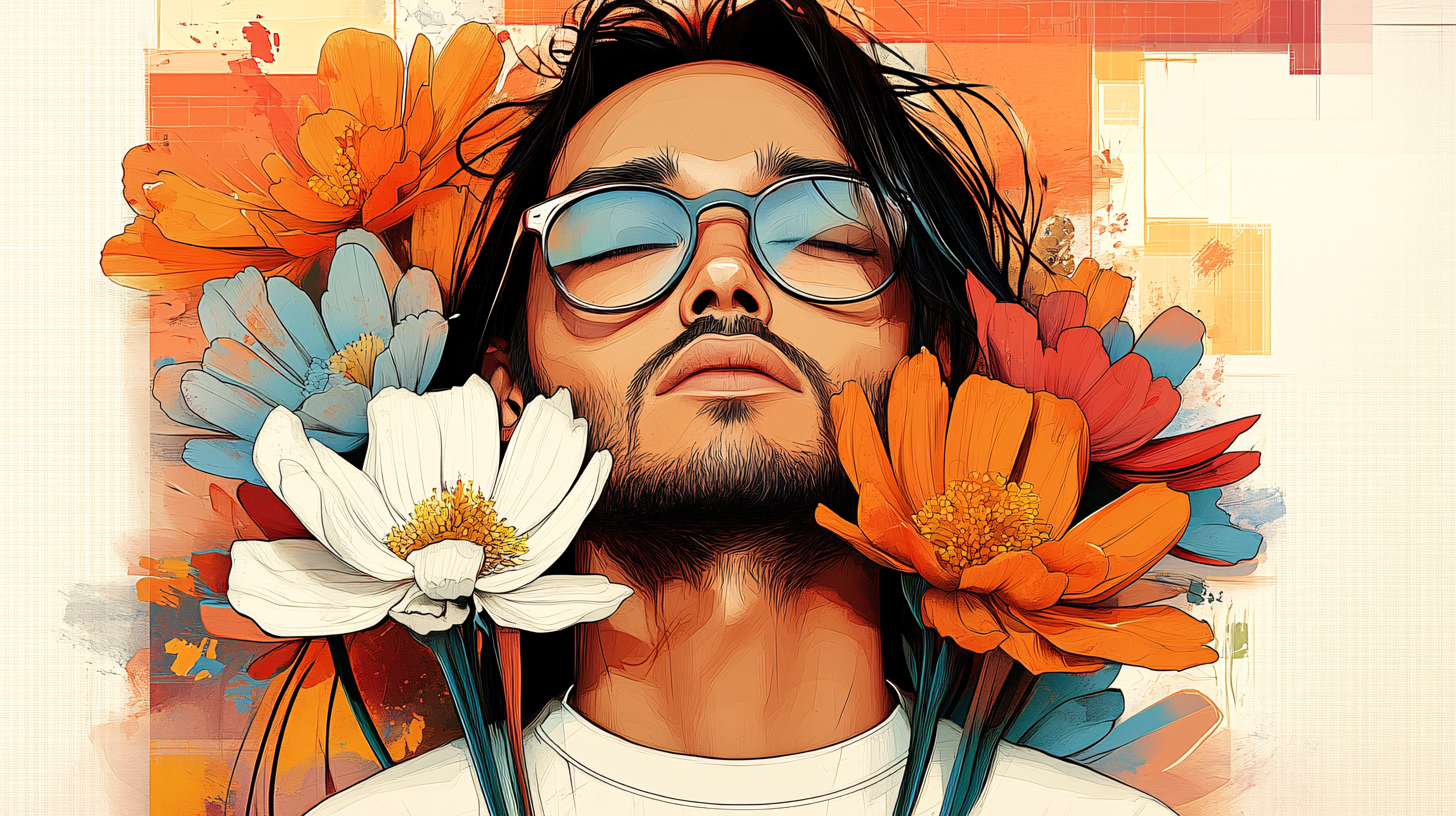 Serene Man Surrounded By Flowers