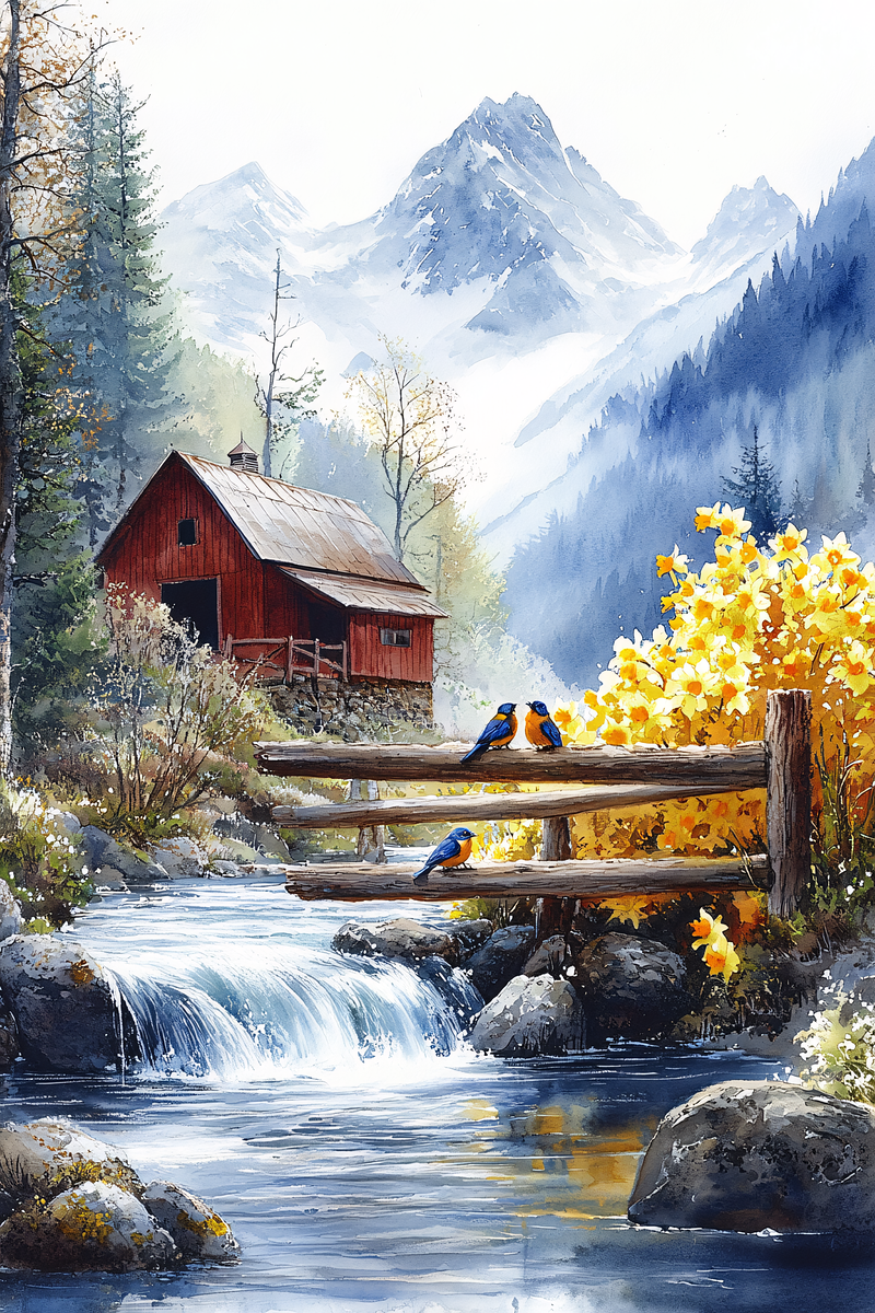 Serene Mountain Barn With Bluebirds