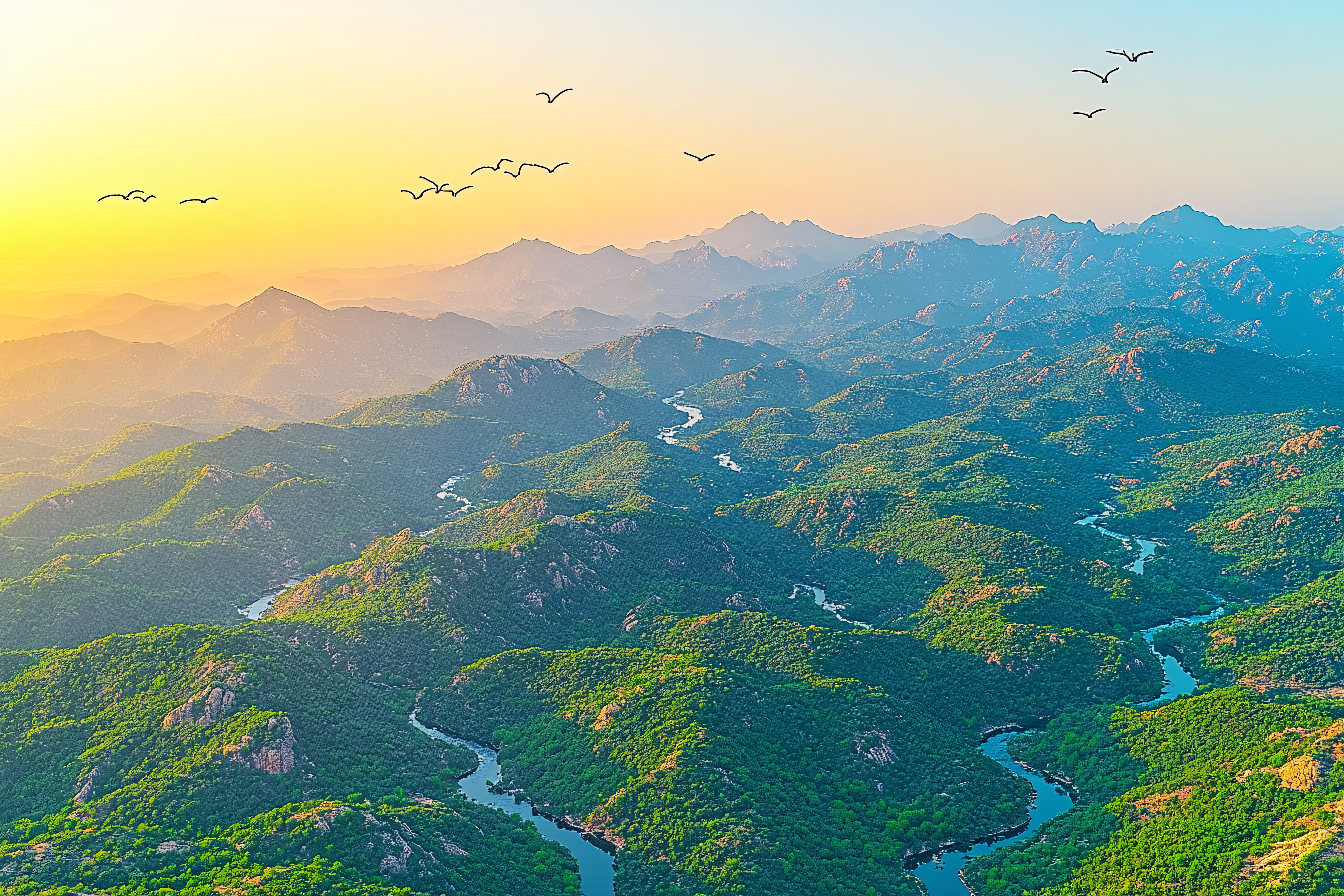 Serene Mountain River Valley At Sunrise