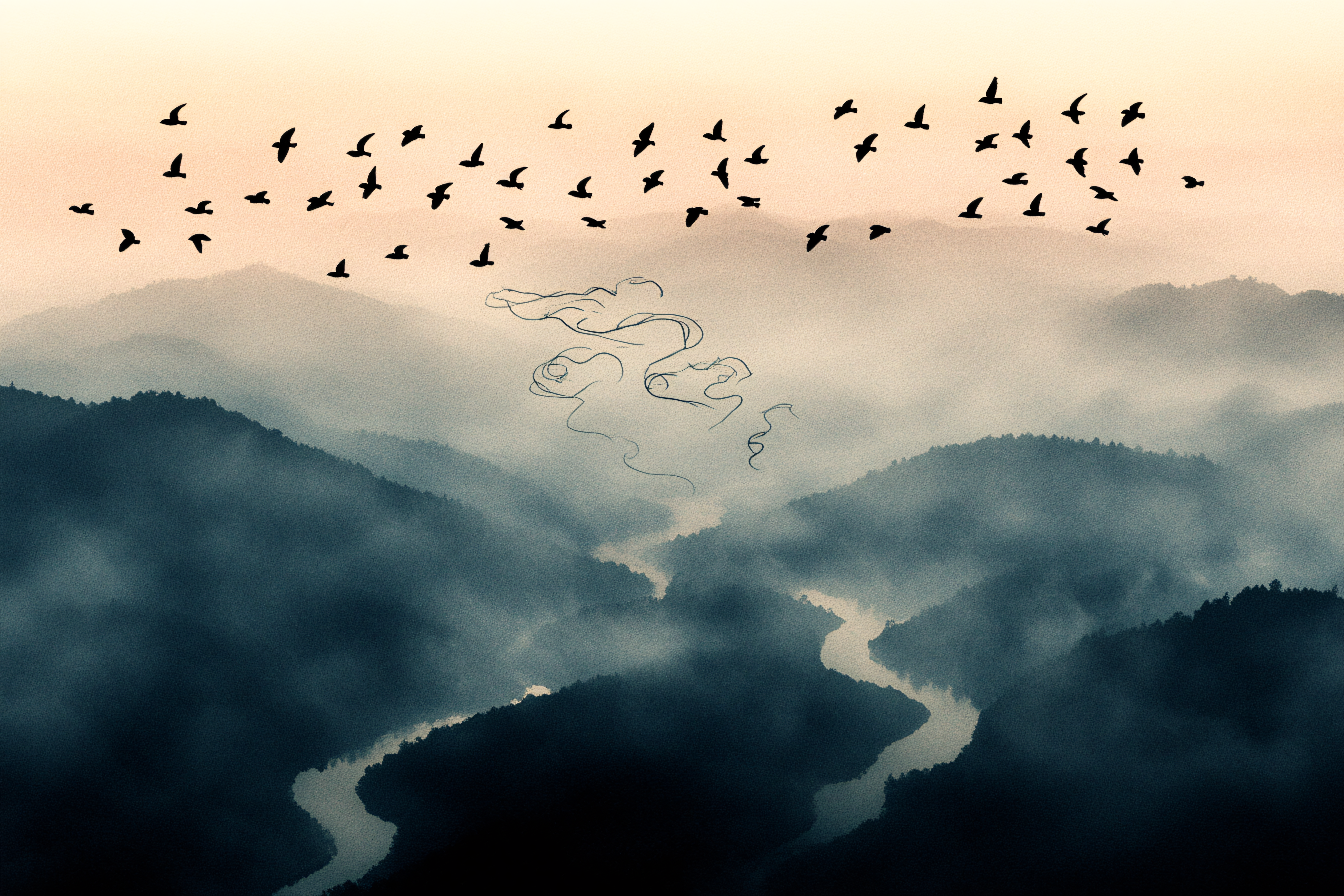 Serene Mountain Vista with Birds and Abstract Lines