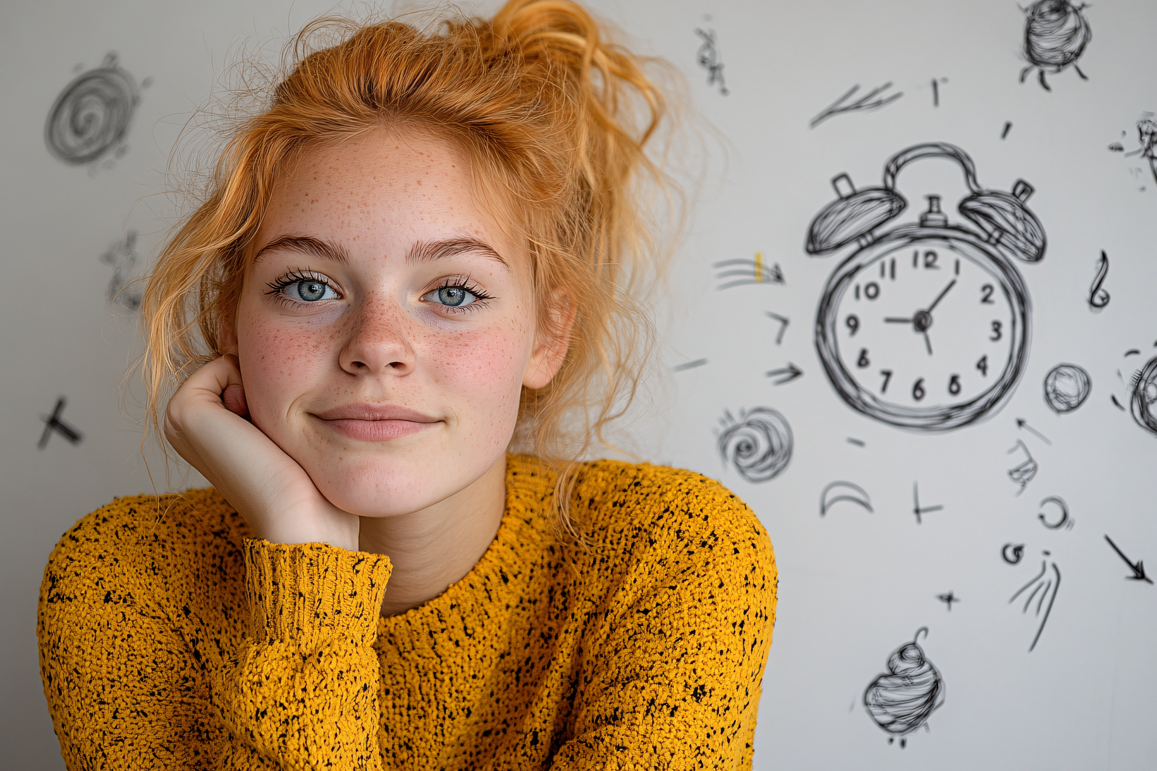 Serene Portrait with Doodle Background