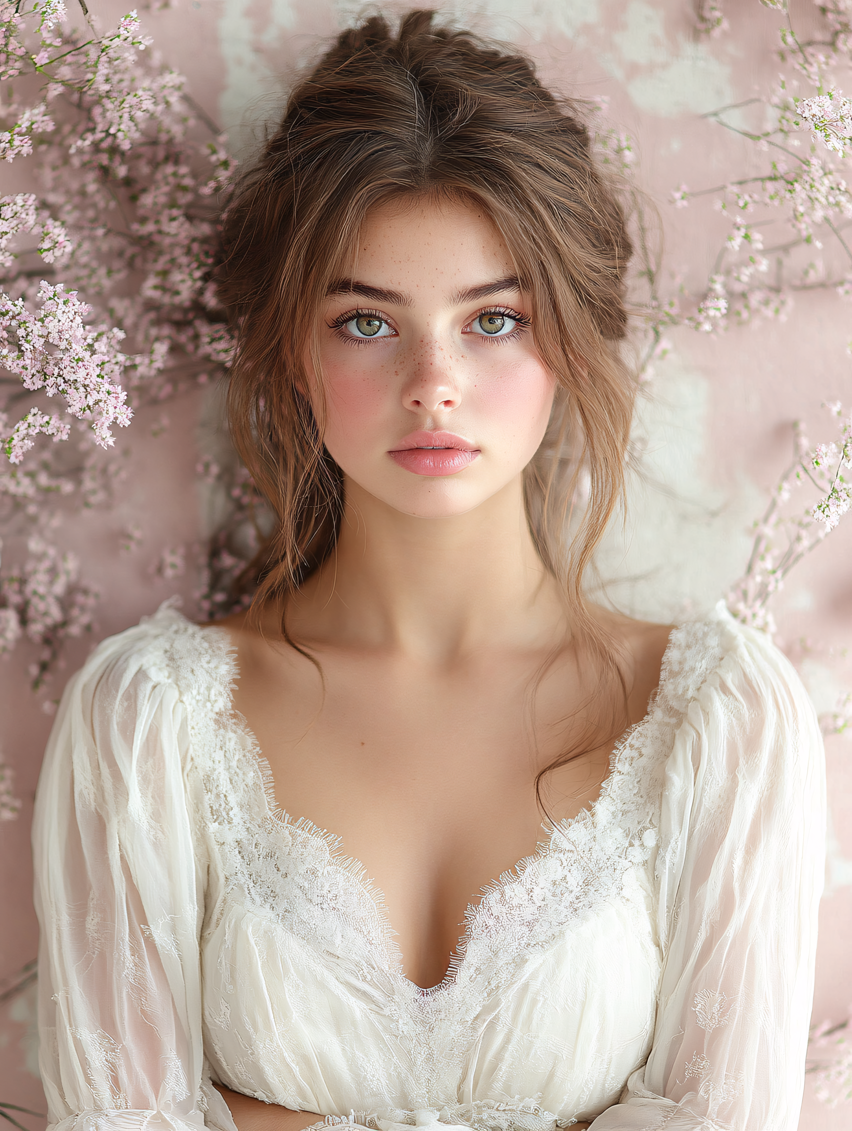 Serene Portrait With Floral Backdrop