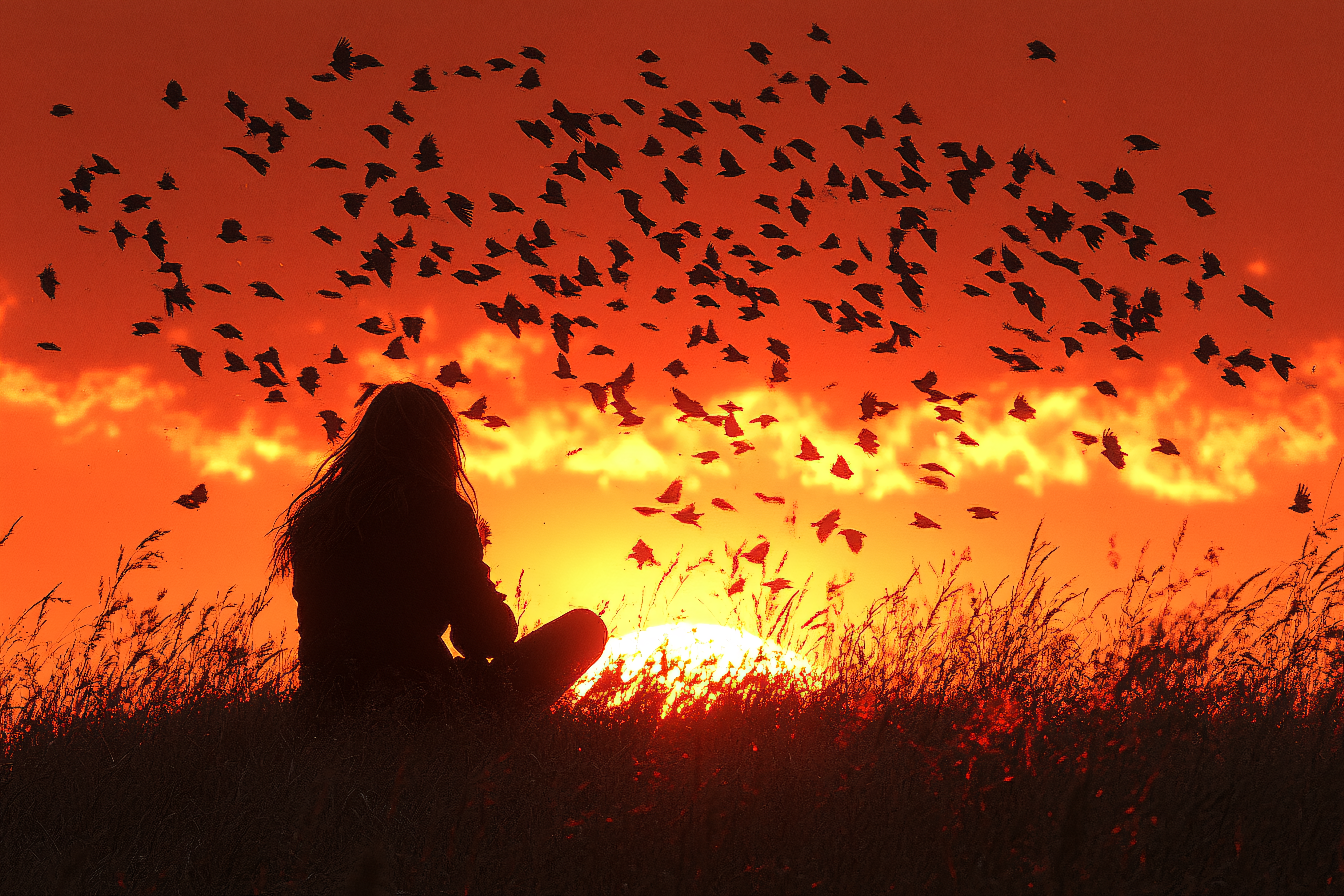 Serene Silhouette at Sunset with Birds