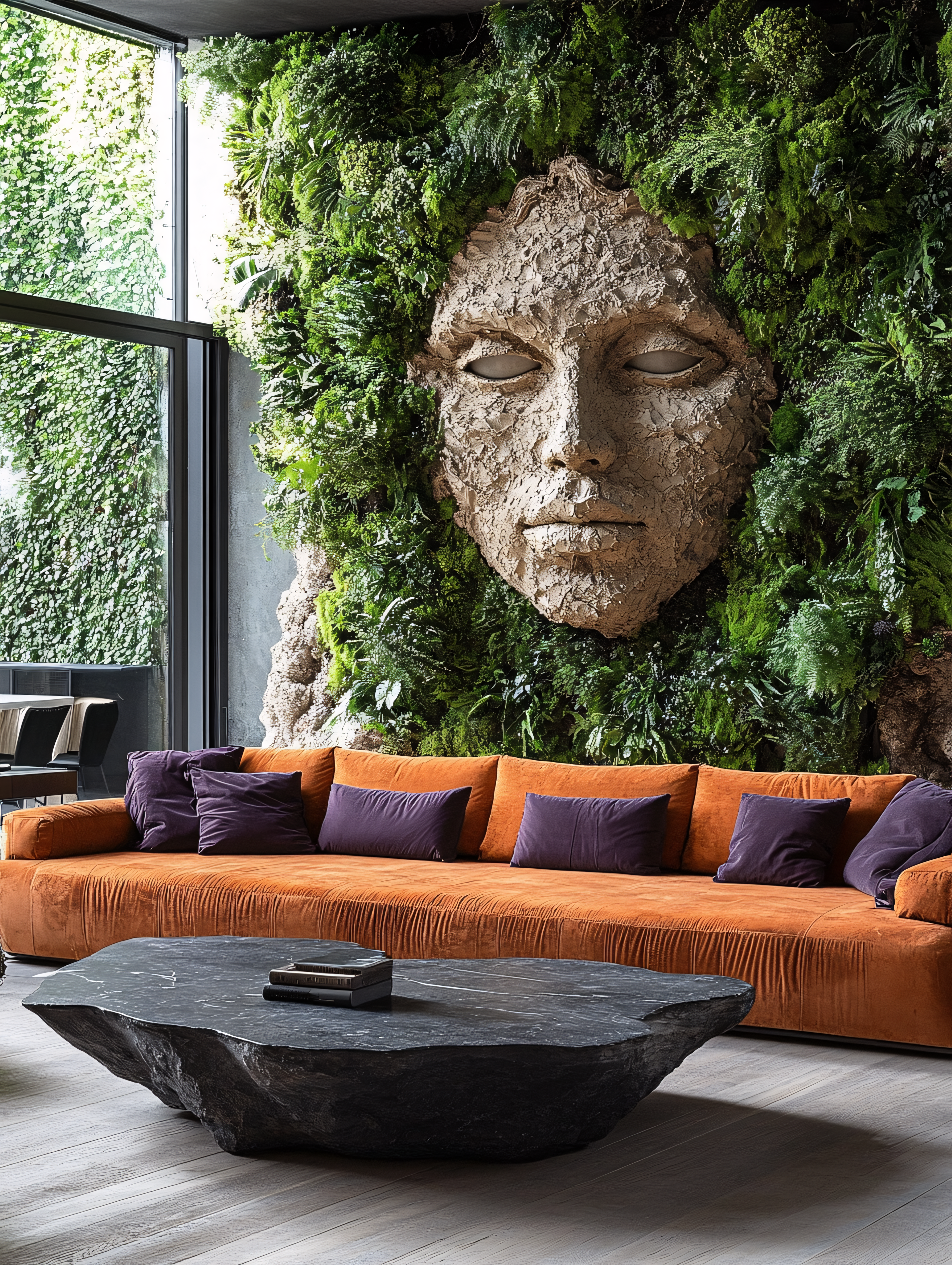 Serene Stone Face Sculpture with Greenery in Modern Interior