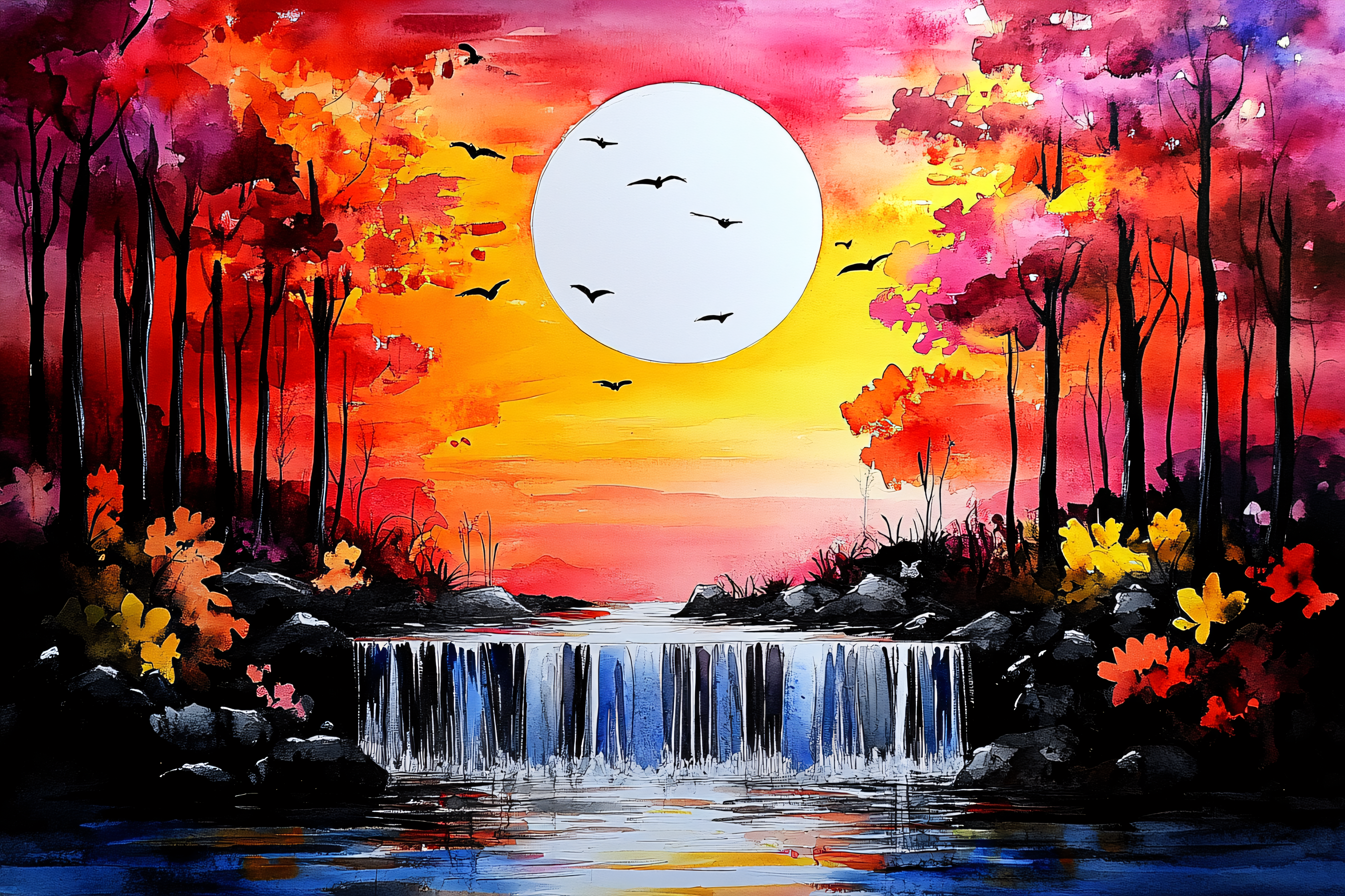 Serene Waterfall Under Moonlight