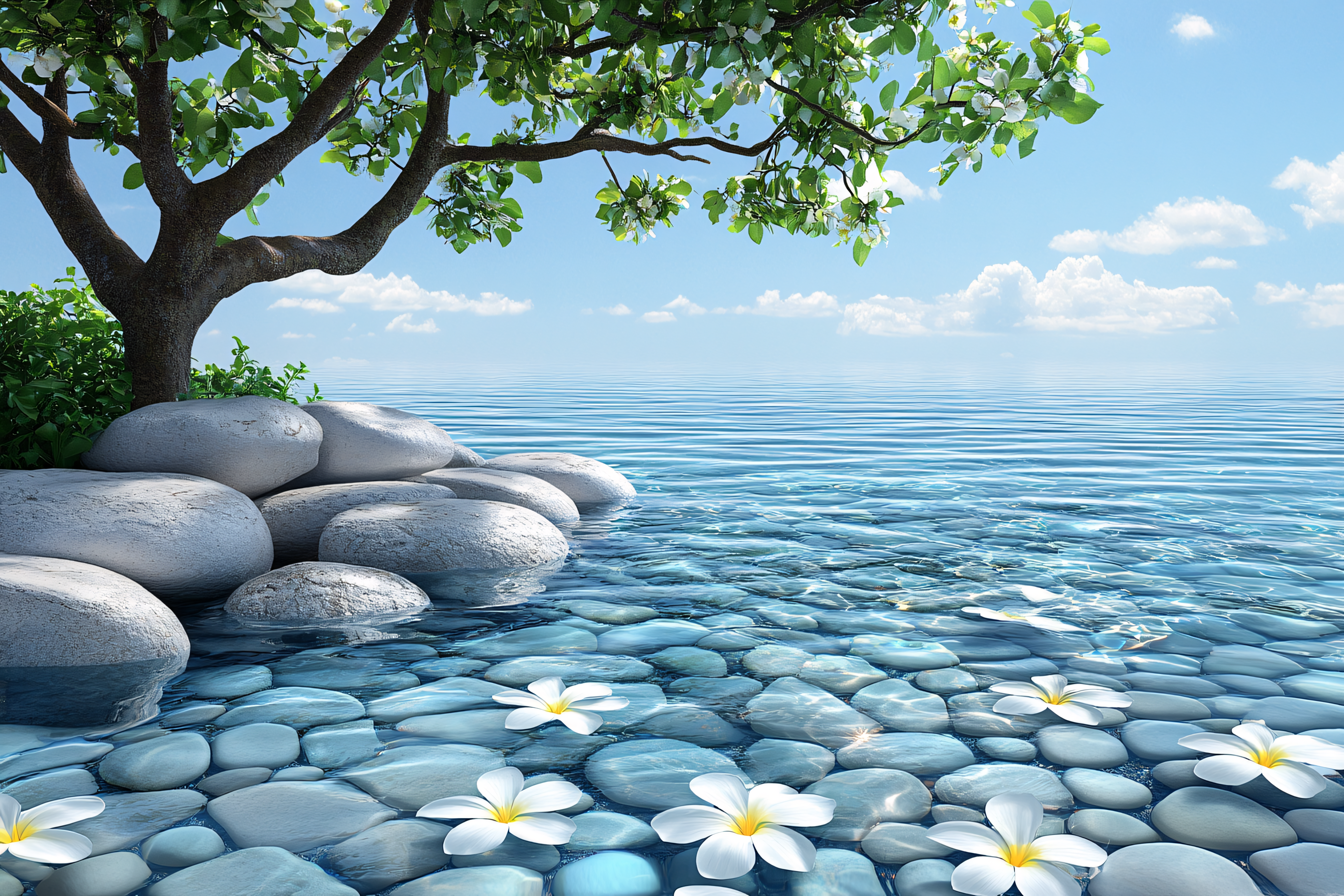 Serene Waterscape with Blossoms and Stones