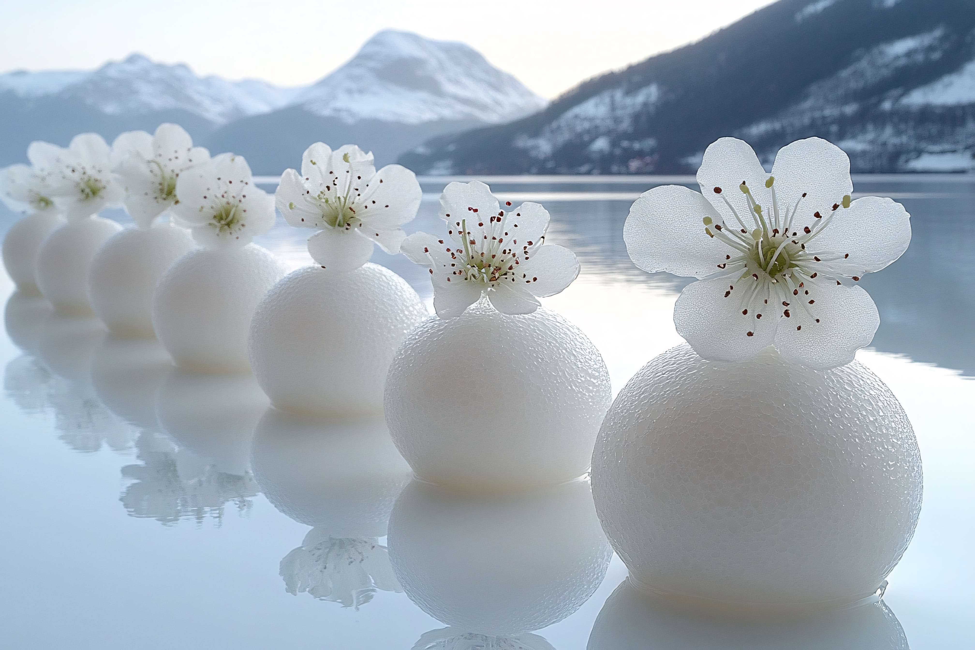 Serene White Flowers on Spherical Bases