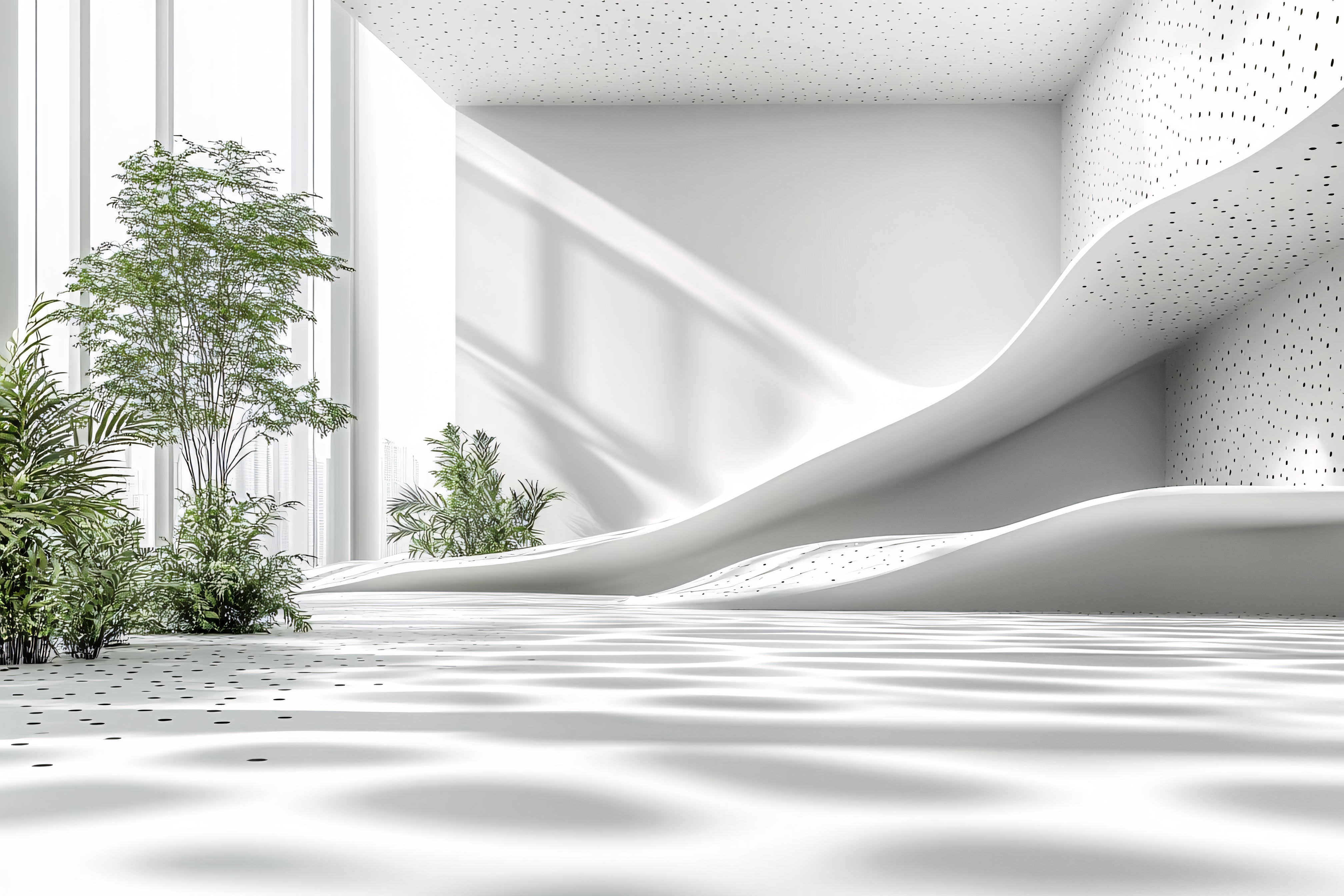 Serene White Interior with Plants and Abstract Design