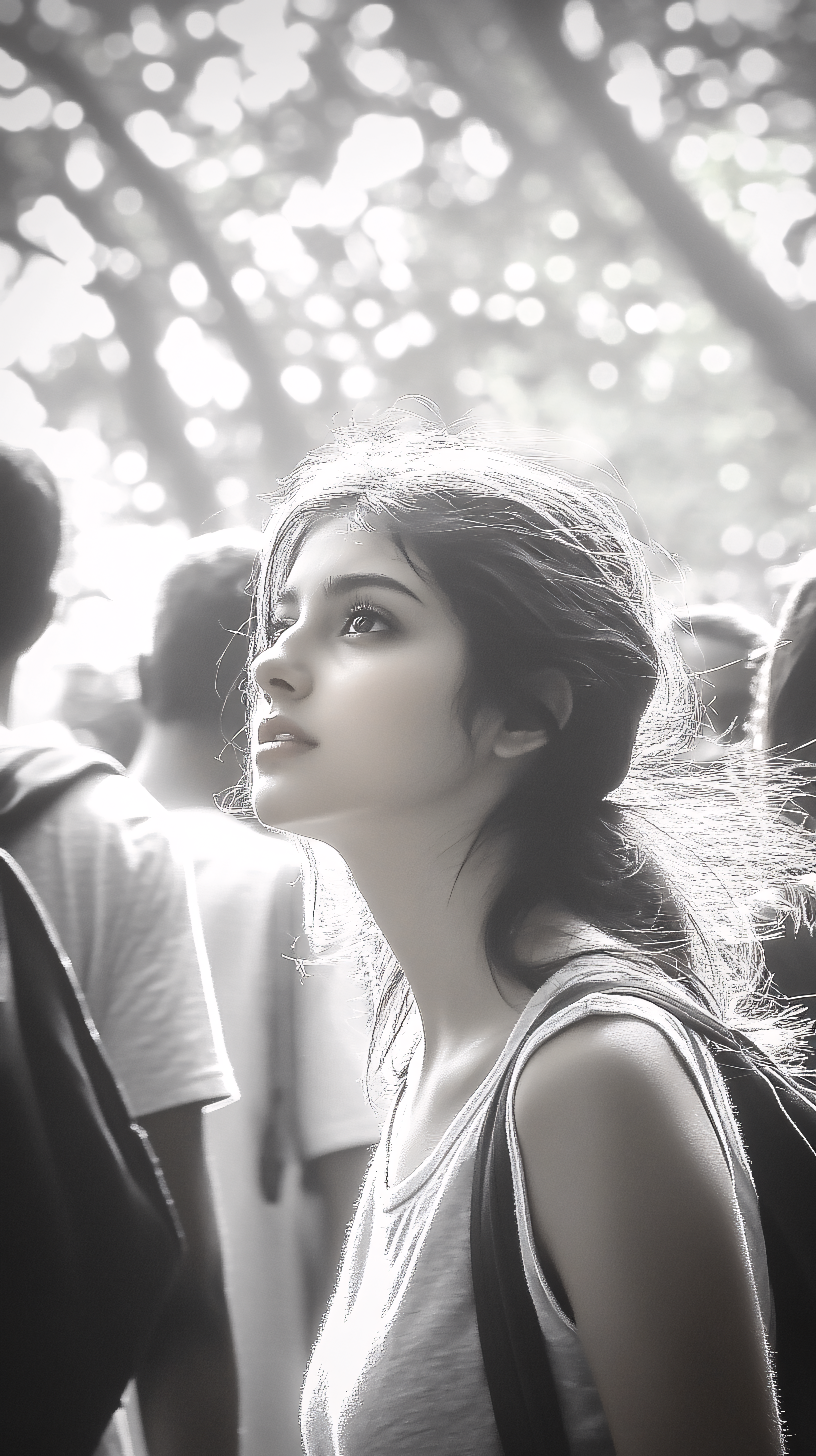 Serene Woman Gazing Upwards In Crowd