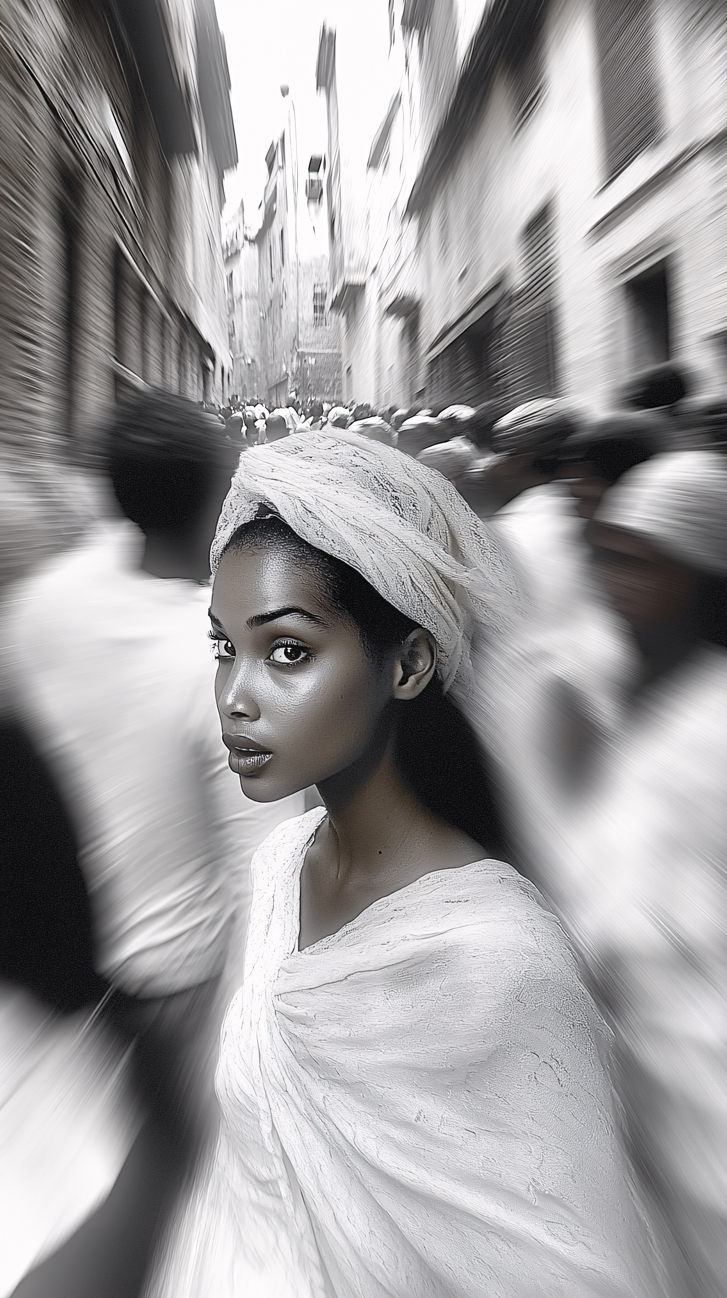 Serene Woman In White Amidst Crowd