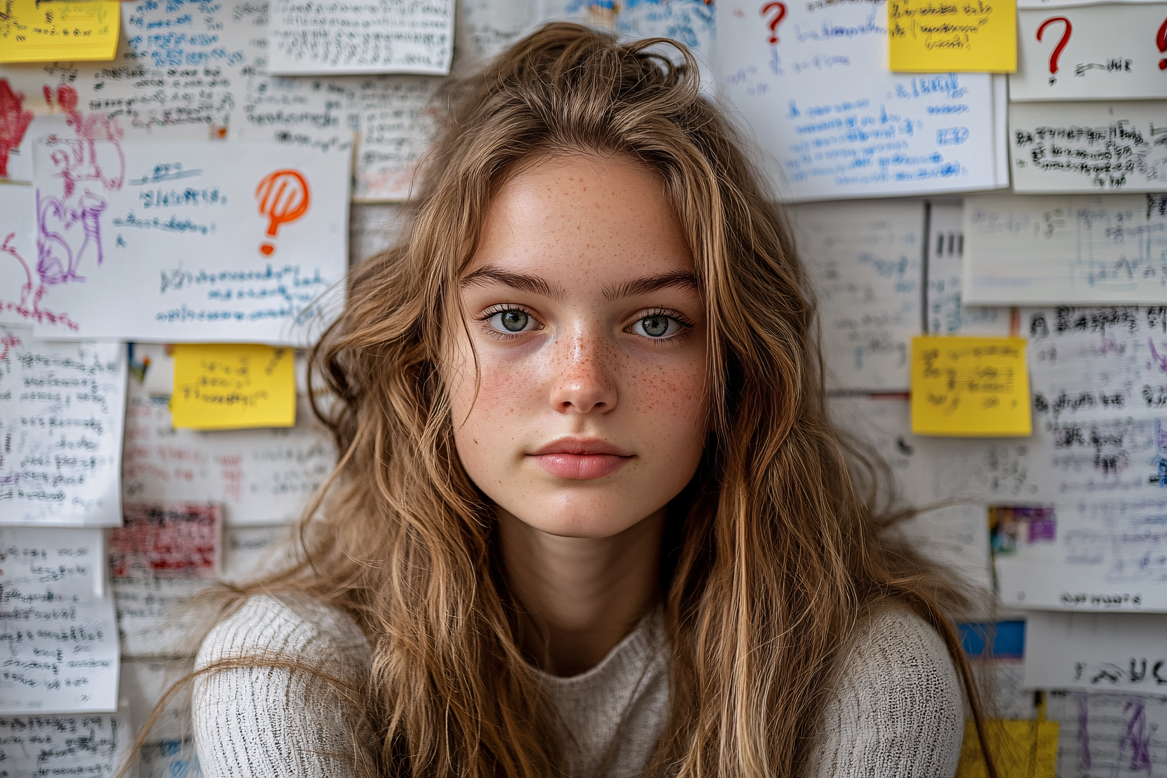 Serene Woman Portrait Against Idea Board
