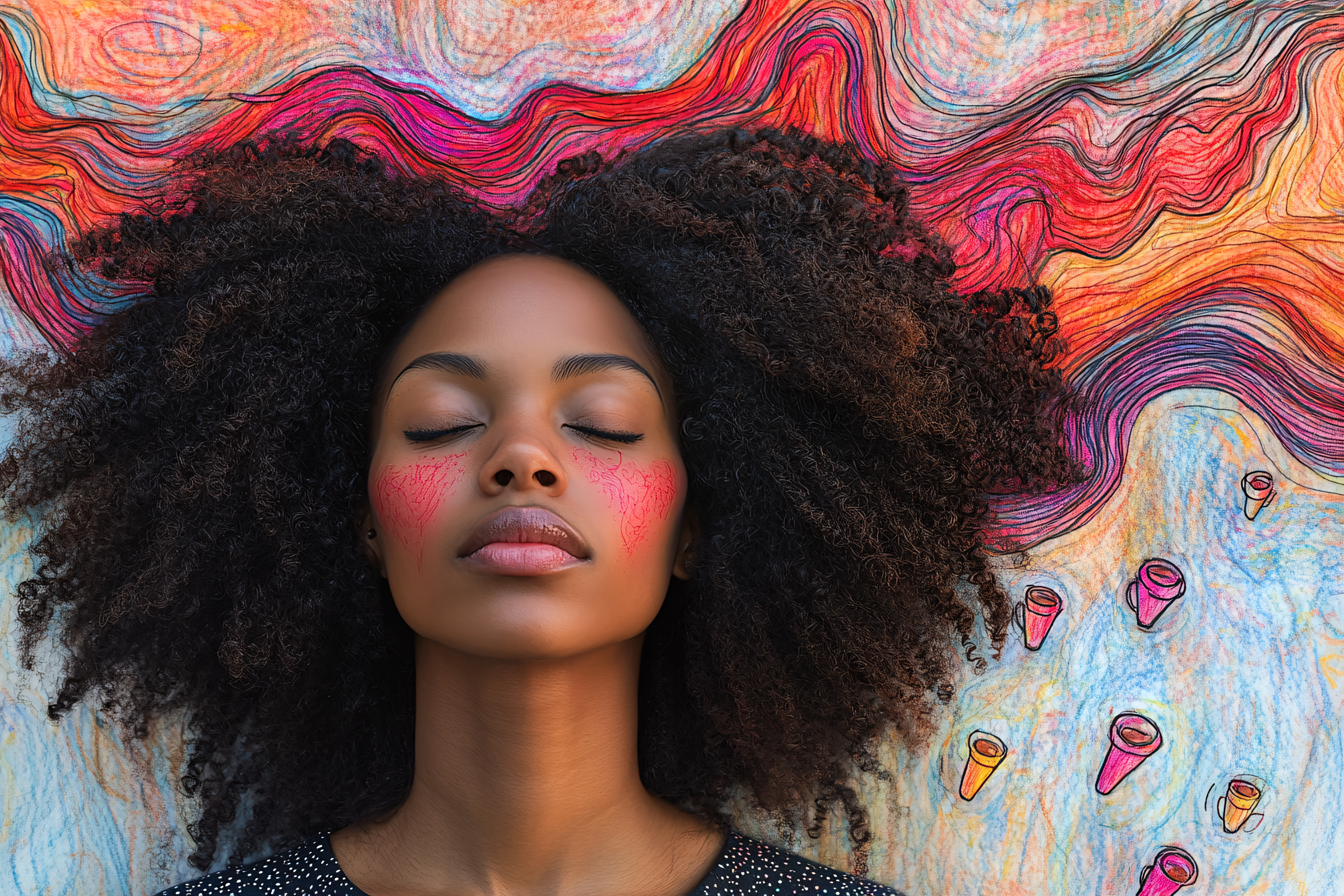 Serene Woman with Afro and Psychedelic Background