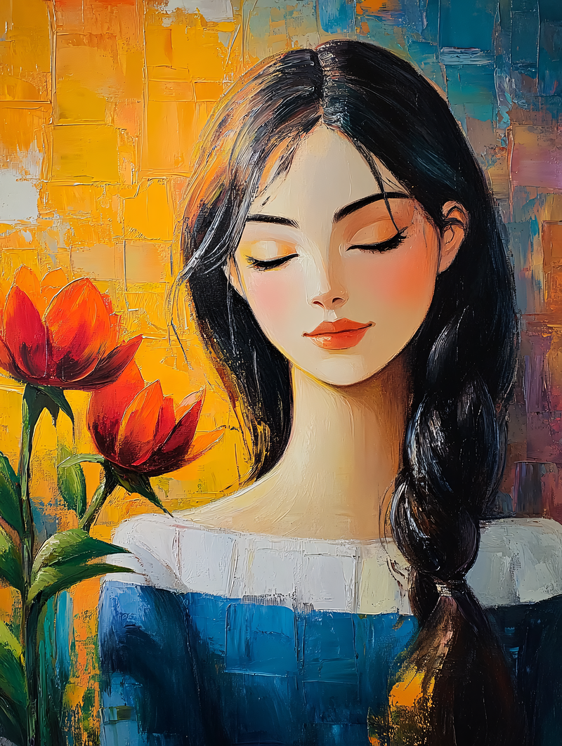 Serene Woman with Red Flowers