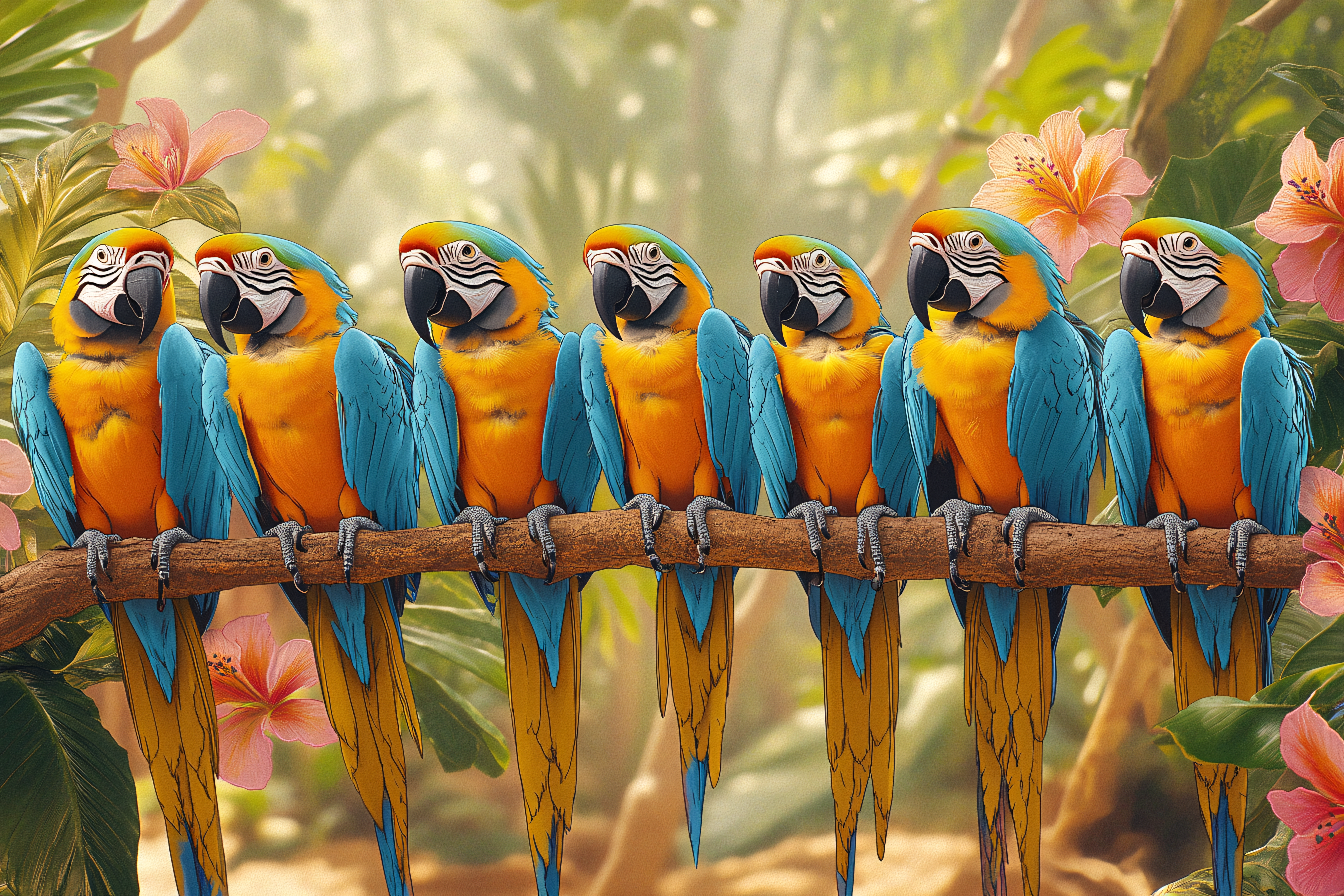 Seven Macaws on Branch