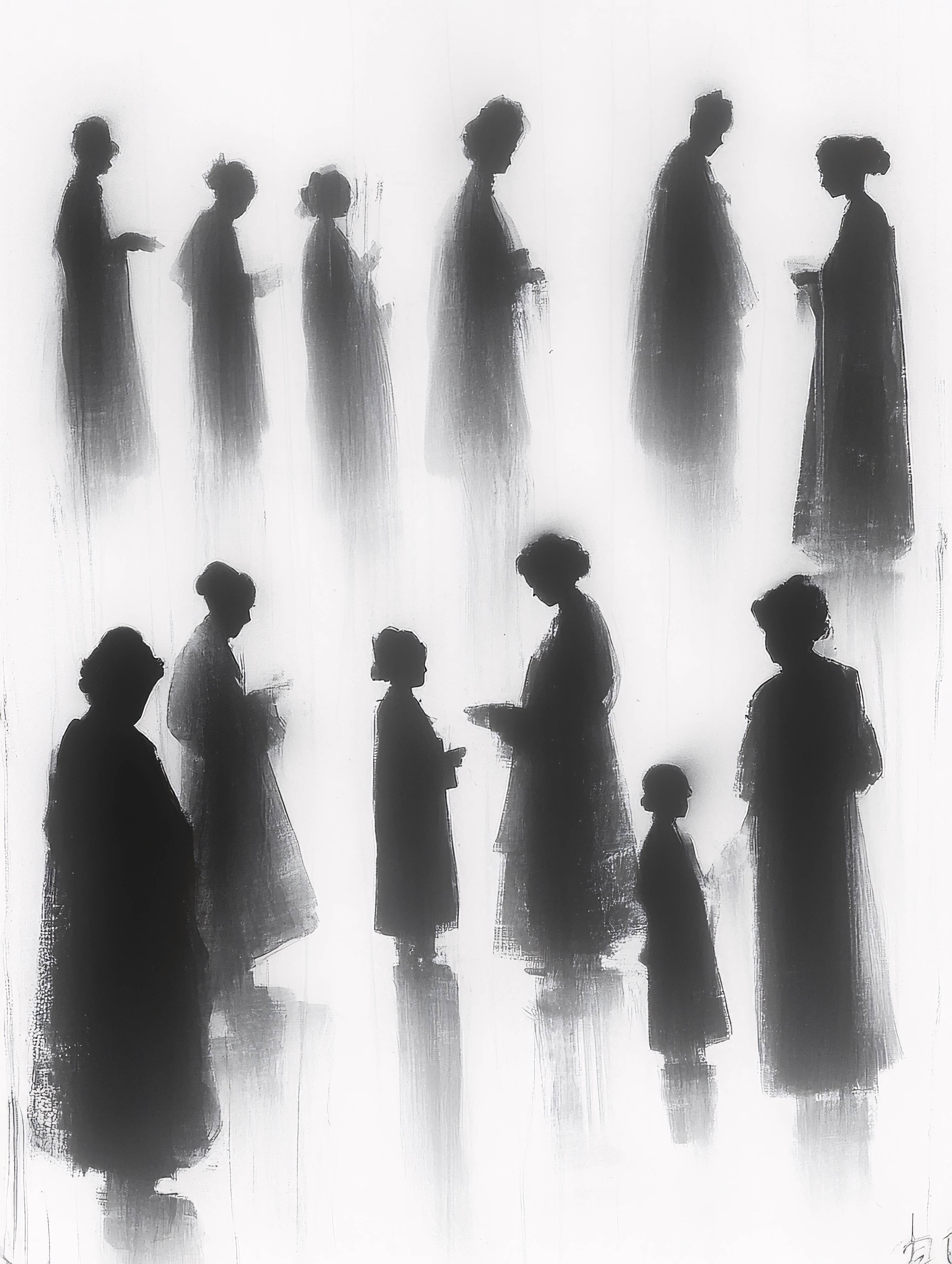Shadowy Figures in White Mist