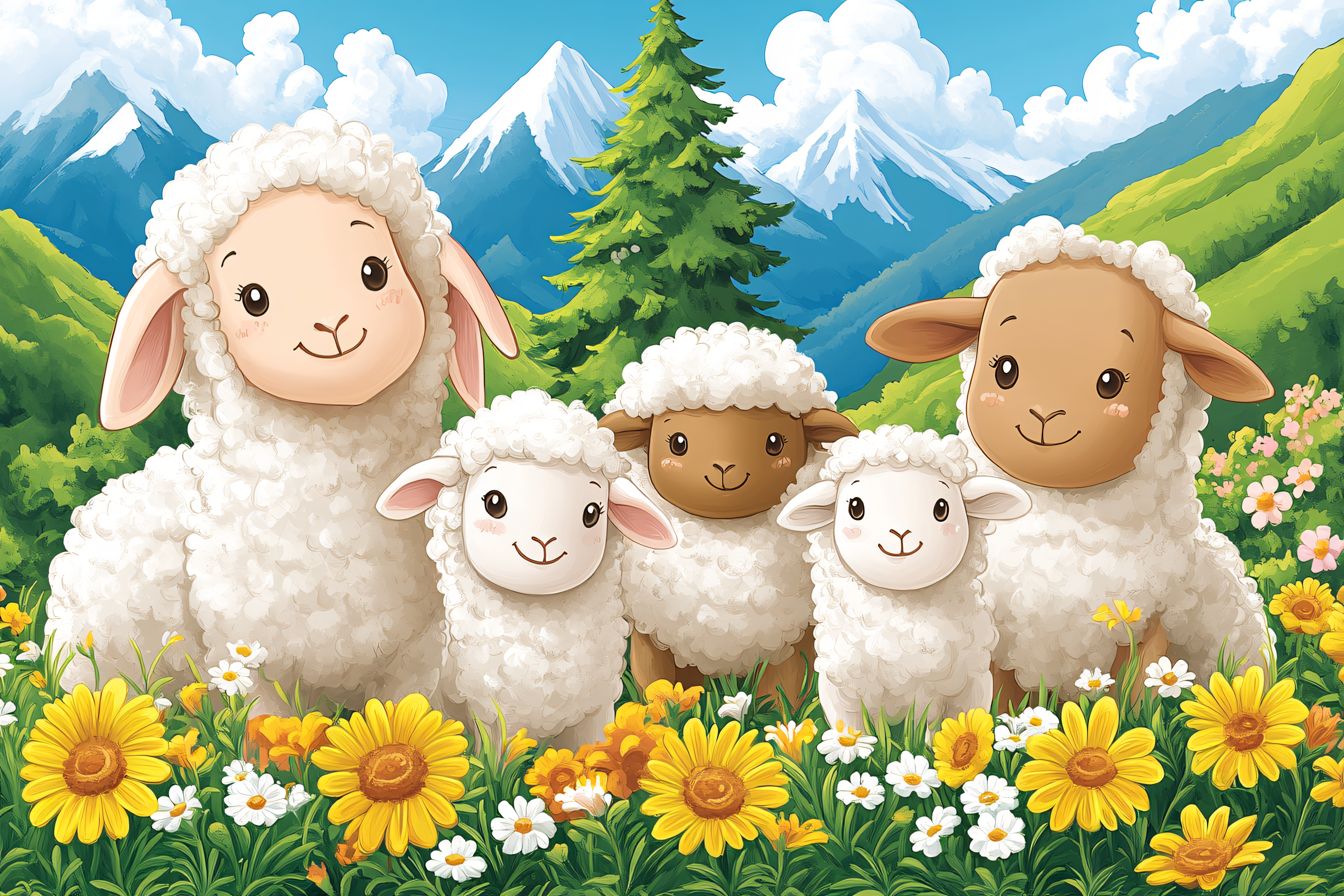 Sheep Family In Meadow